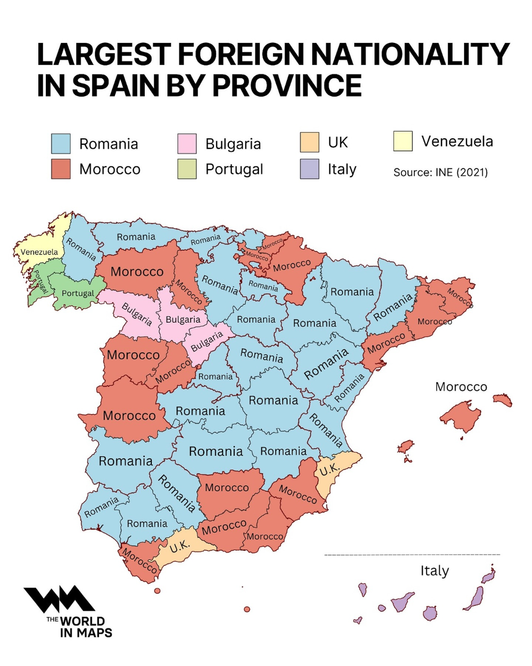 Largest Foreign Nationality in Spain by Province Map Largest Foreign Nationality in Spain by Province Map