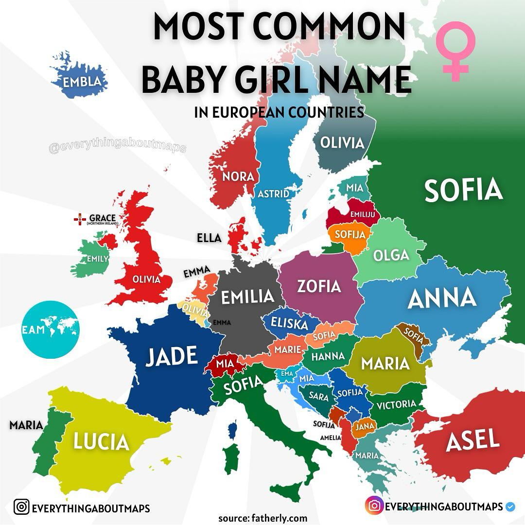 Most Common Baby Girl Names in Europe Map Most Common Baby Girl Names in Europe Map