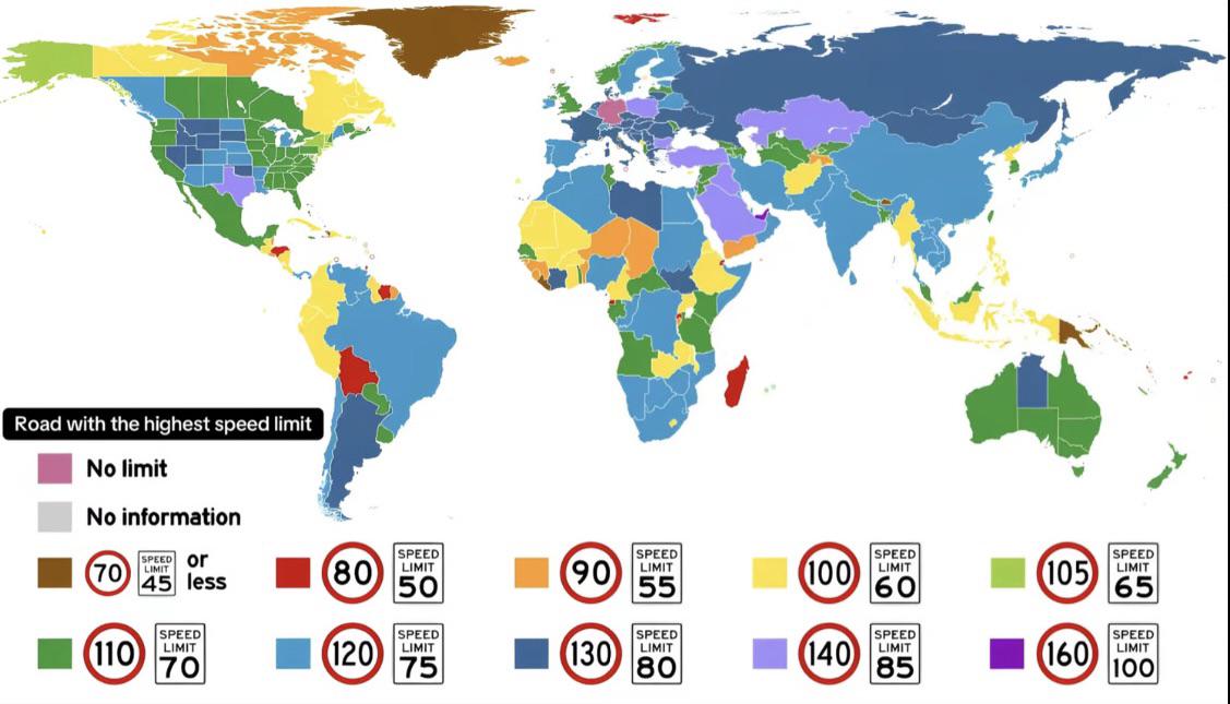 Max Speed Limit by Country Map Max Speed Limit by Country Map