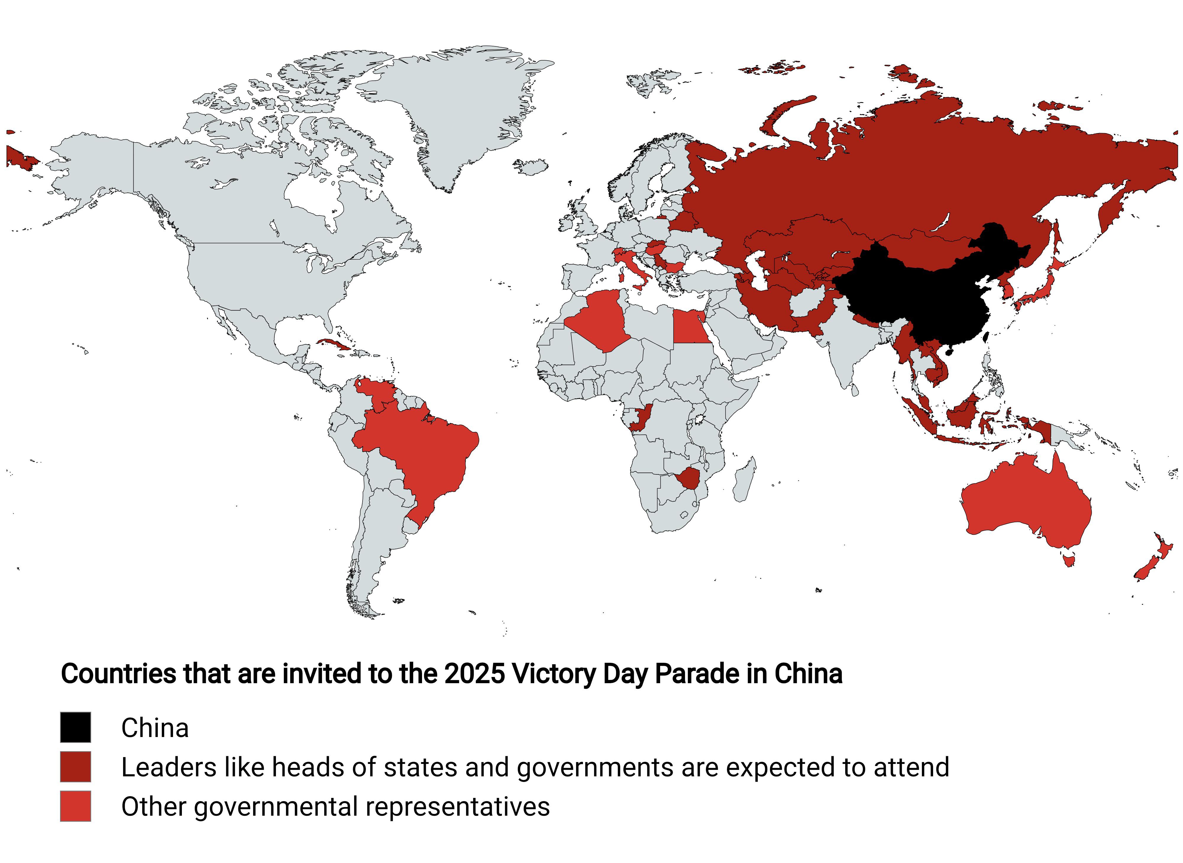 Map of Countries Invited to China's 2025 Victory Day Parade