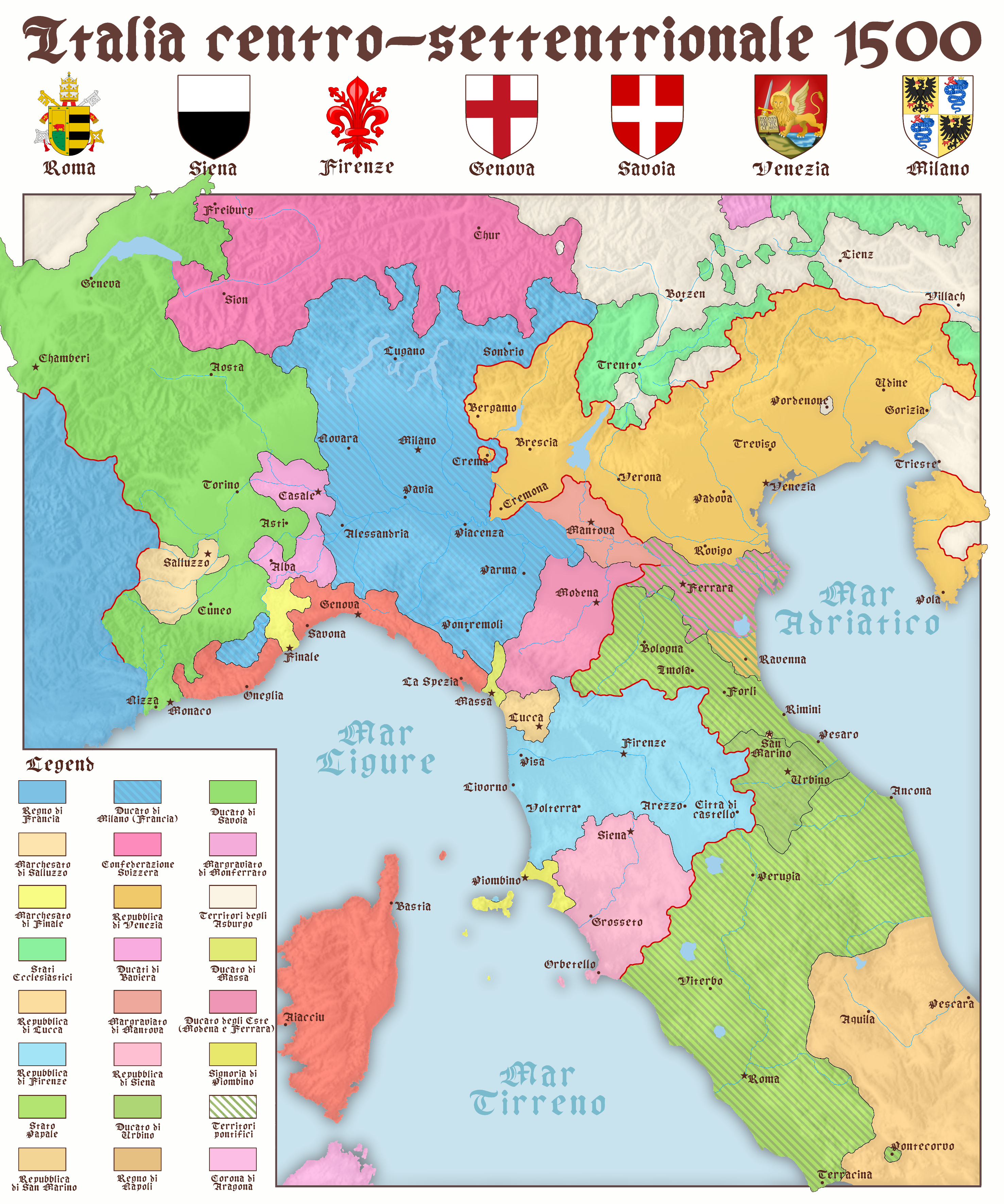 Map of North and Central Italy in 1500 Map of North and Central Italy in 1500
