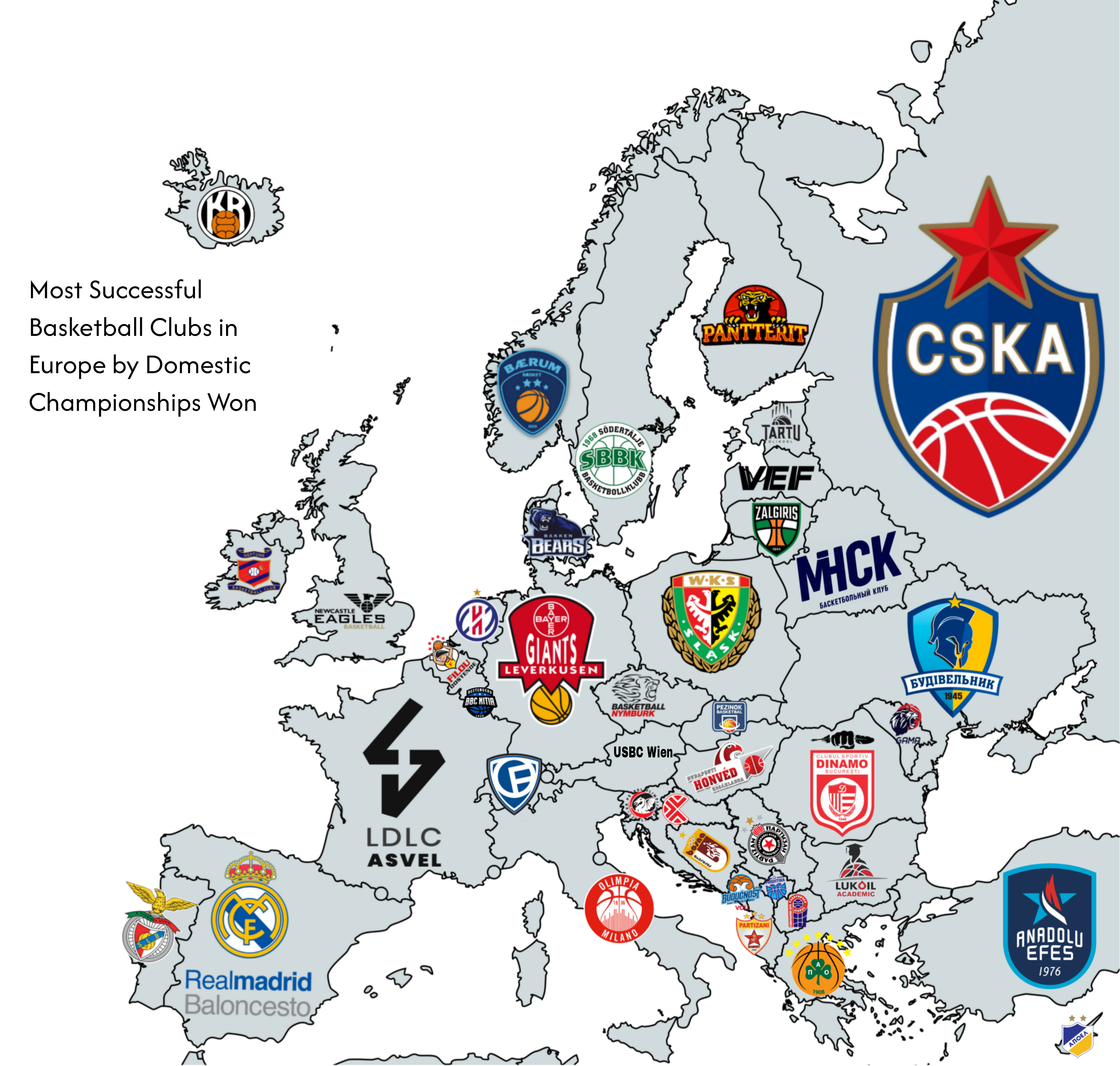 Map of Successful Basketball Clubs in Europe by Championships Won Map of Successful Basketball Clubs in Europe by Championships Won