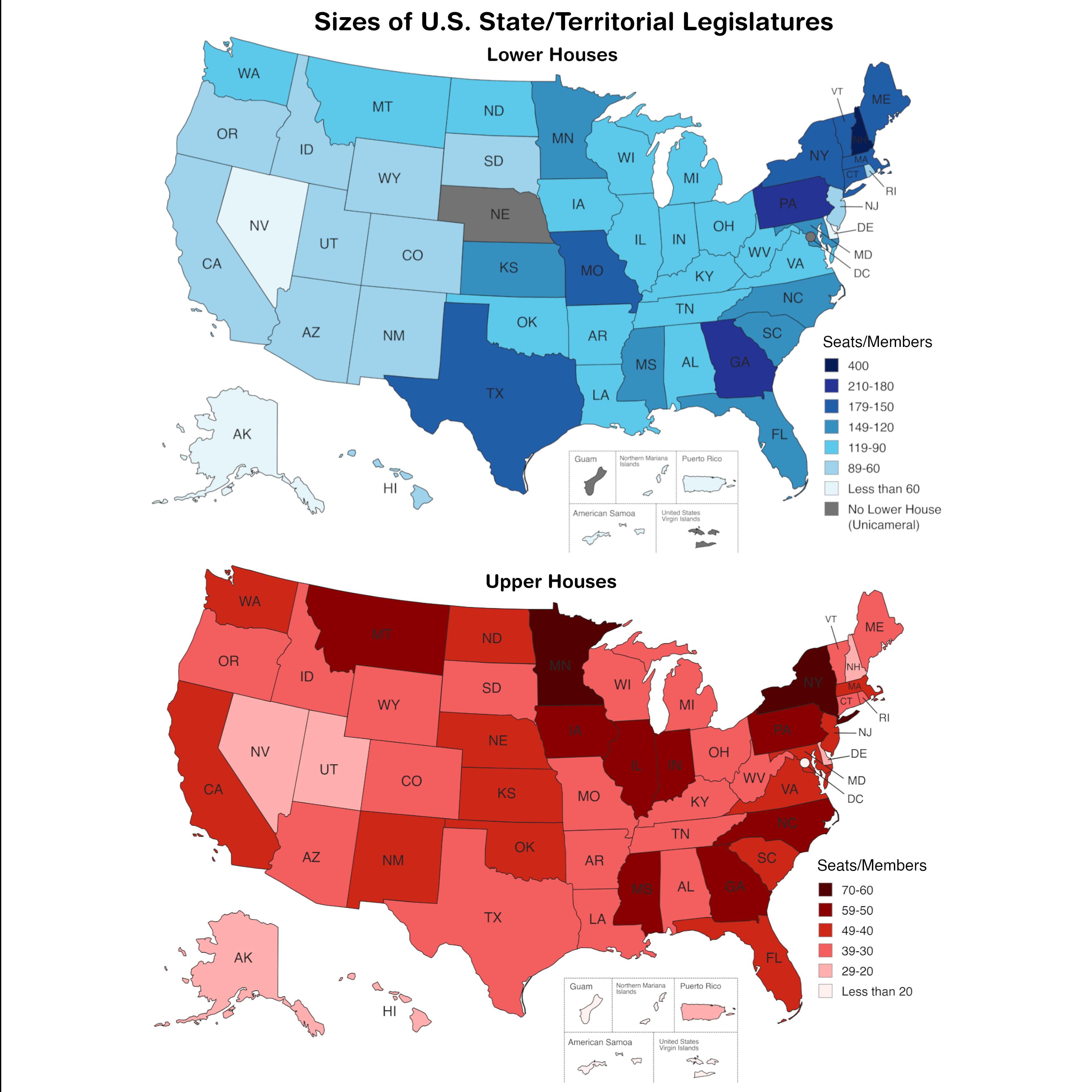 U.S. State and Territorial Legislatures Sizes Map