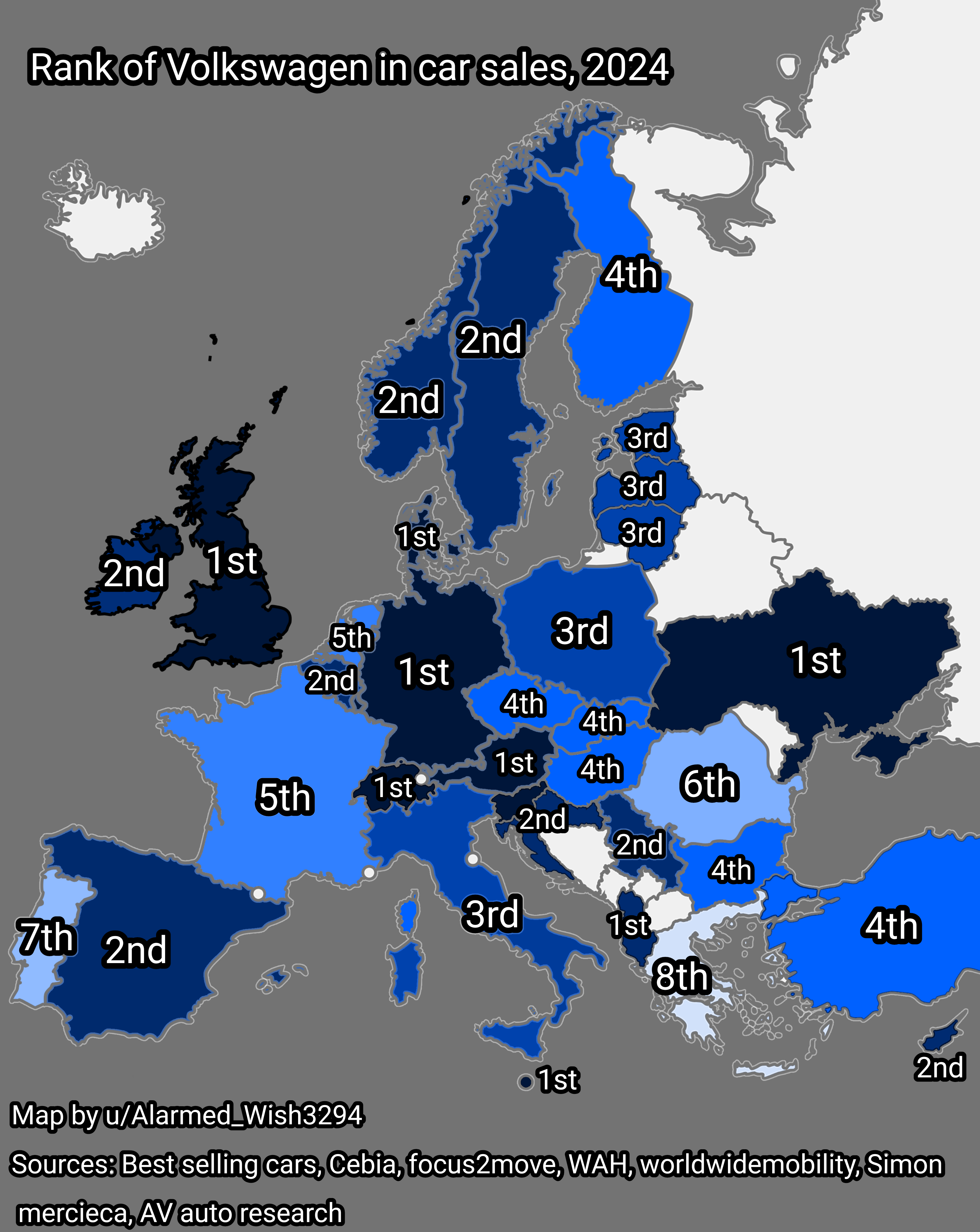 Volkswagen Car Sales Rank Map in Europe 2024 Volkswagen Car Sales Rank Map in Europe 2024