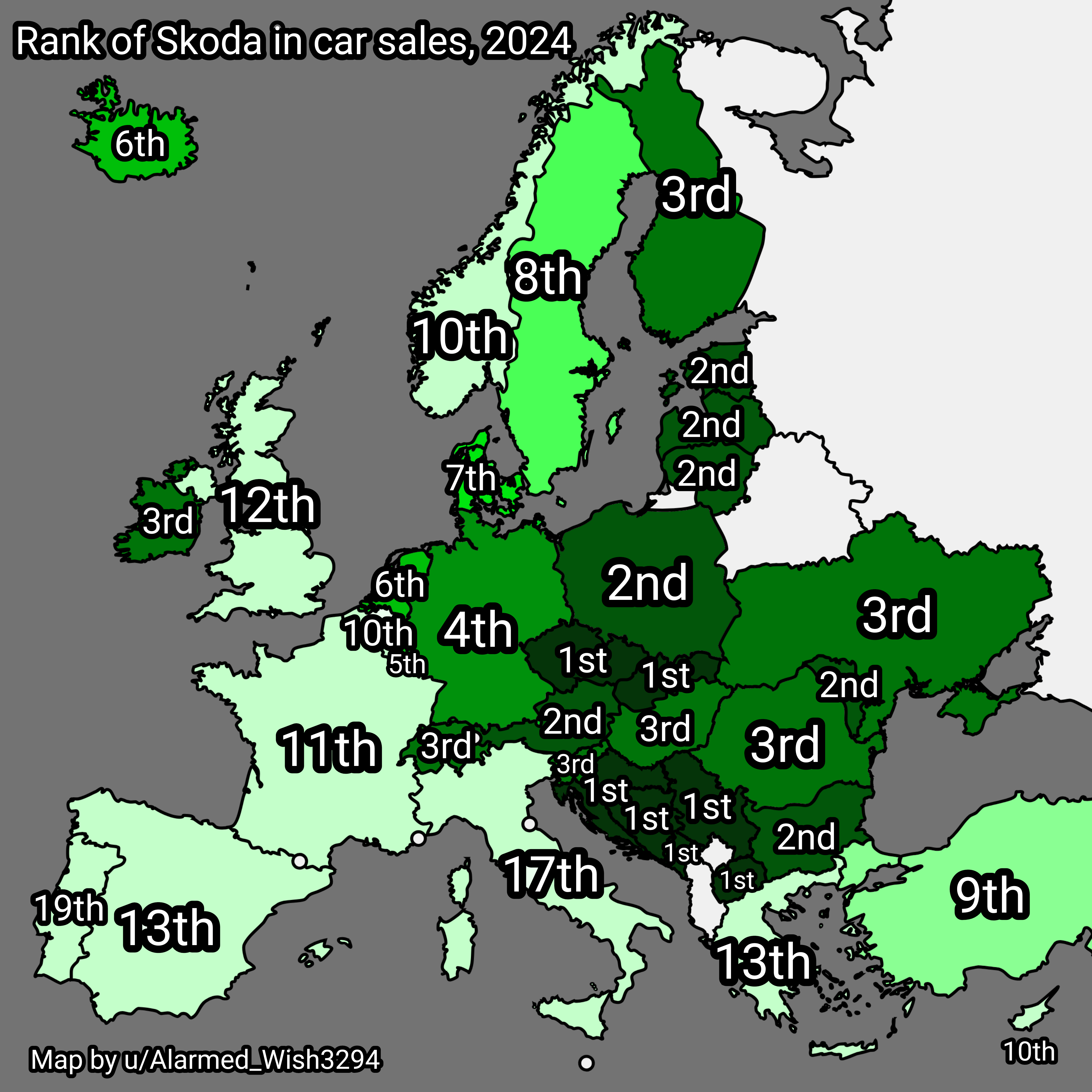 Skoda Car Sales Rank in Europe 2024 Map Skoda Car Sales Rank in Europe 2024 Map