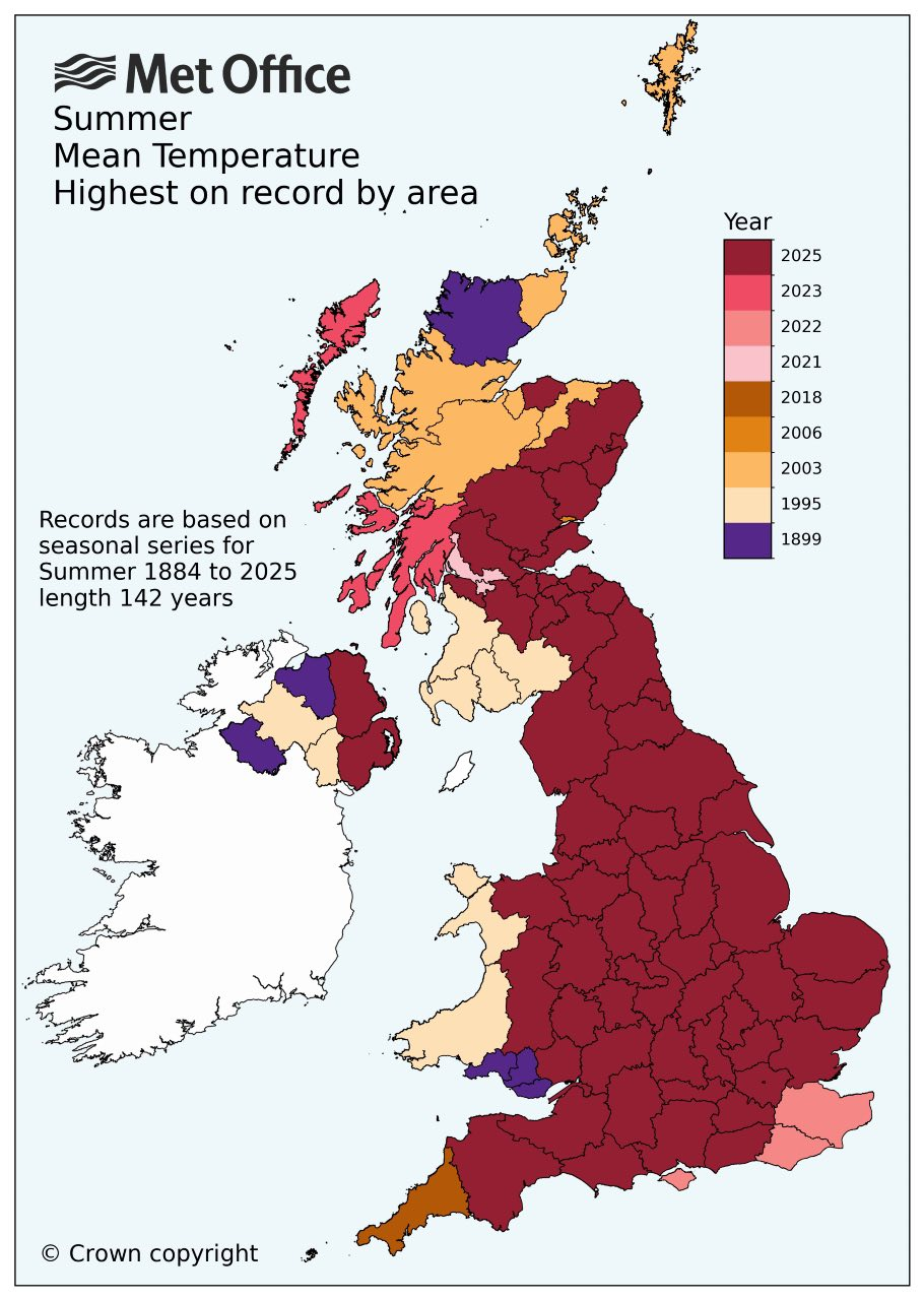 UK Counties Summer Mean Highest Temperature Record Map UK Counties Summer Mean Highest Temperature Record Map