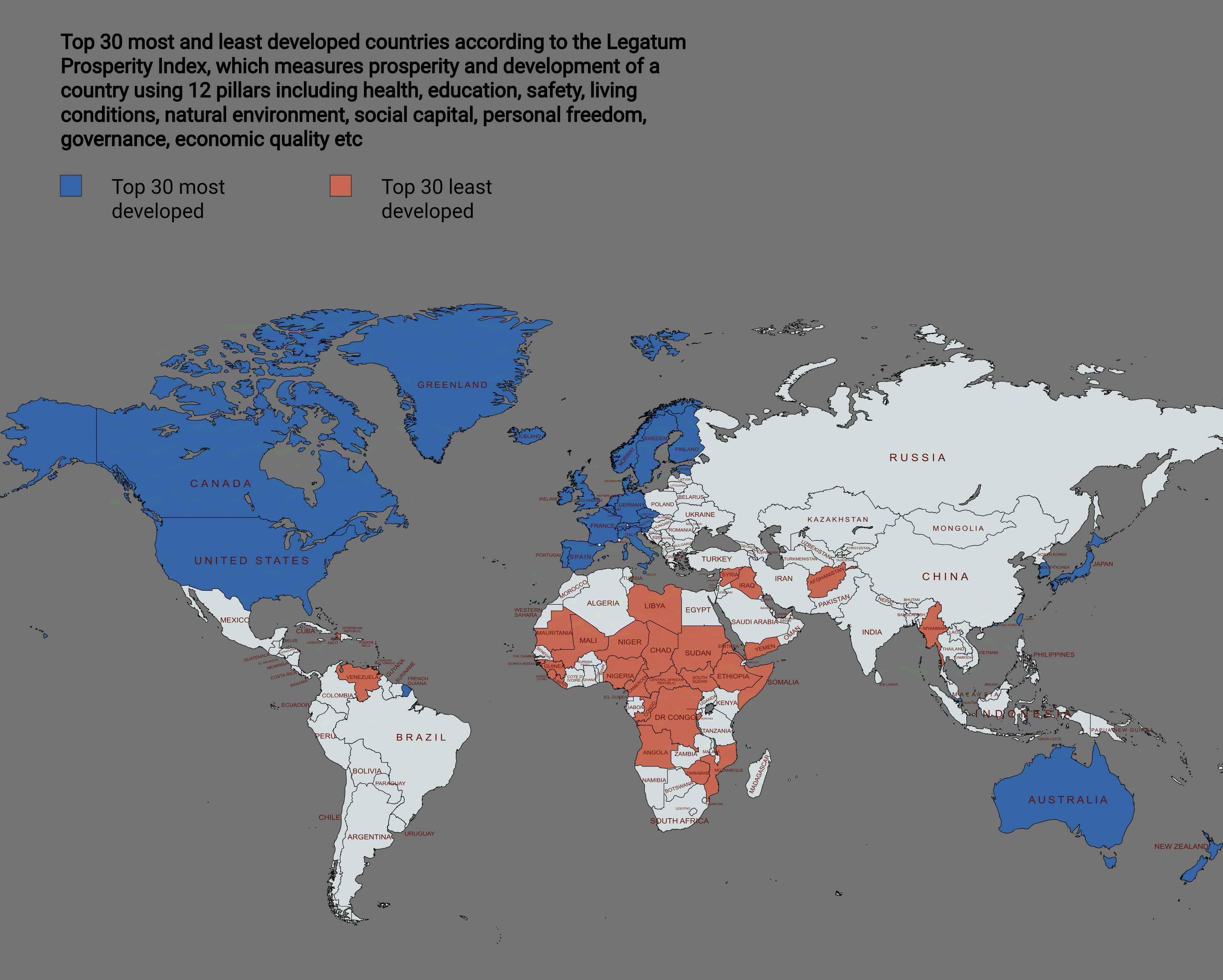 Top 30 Most and Least Developed Countries Map Top 30 Most and Least Developed Countries Map