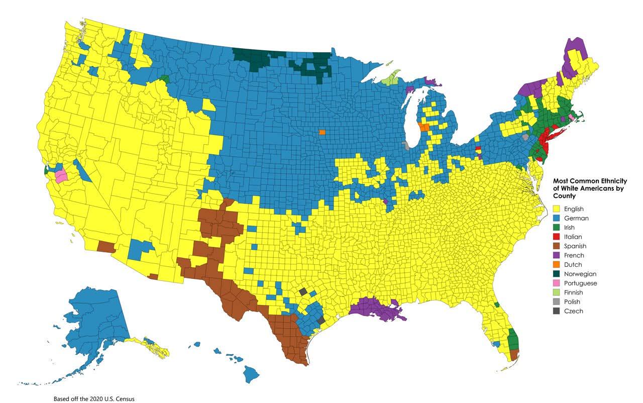 Most Common Ethnicity of White Americans by County Map Most Common Ethnicity of White Americans by County Map