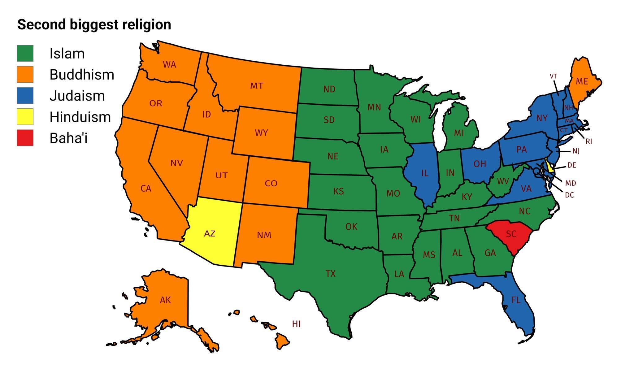 Second-Biggest Religion by State Map Second-Biggest Religion by State Map