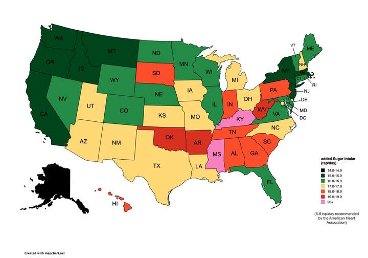 Map of Estimated Daily Sugar Intake By U.S. State Map of Estimated Daily Sugar Intake By U.S. State