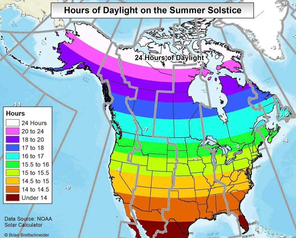 Hours of Daylight on the Summer Solstice Map Hours of Daylight on the Summer Solstice Map