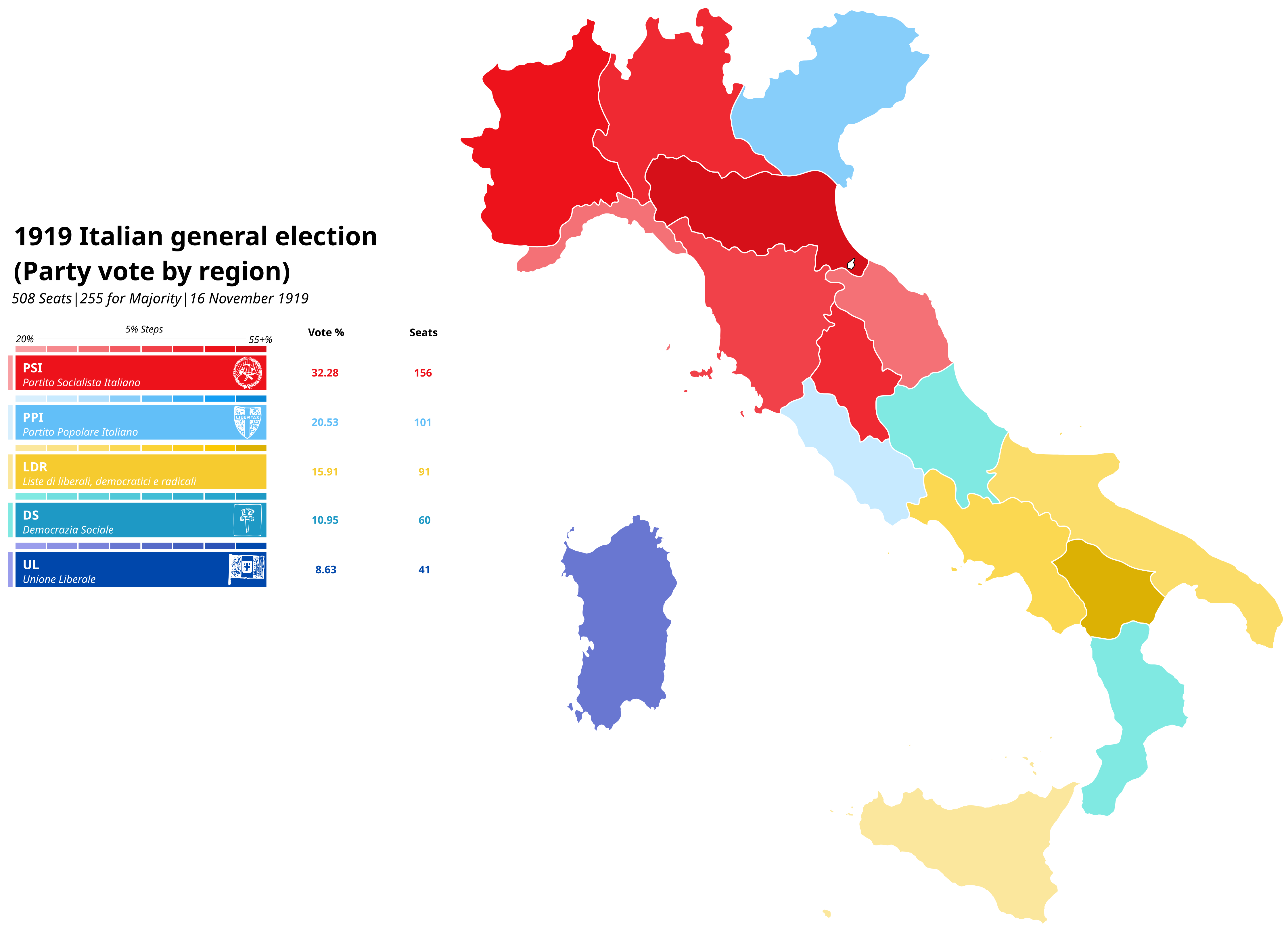 Map of the 1919 Italian General Election by Region Map of the 1919 Italian General Election by Region