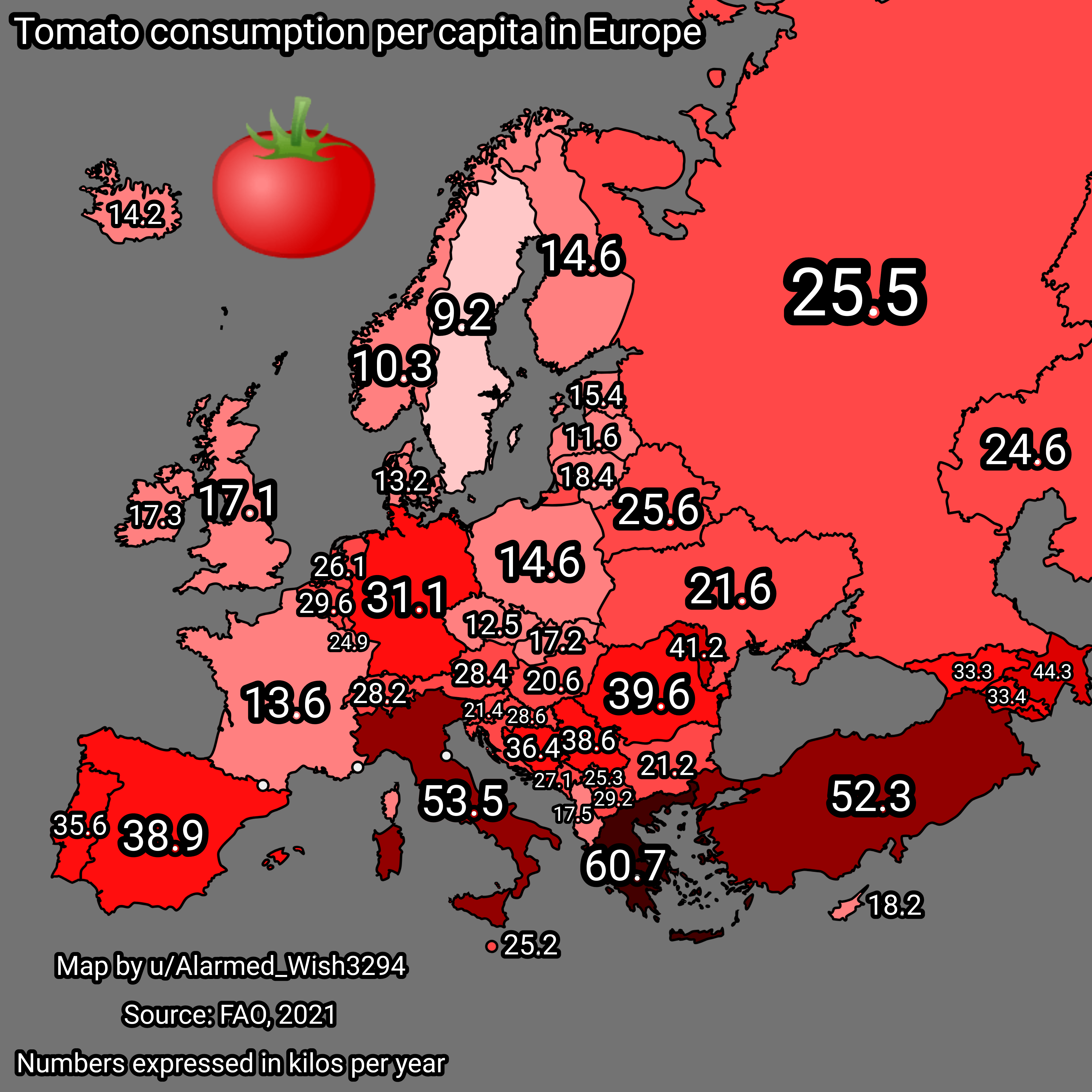 Tomato Consumption Per Capita in Europe Map Tomato Consumption Per Capita in Europe Map
