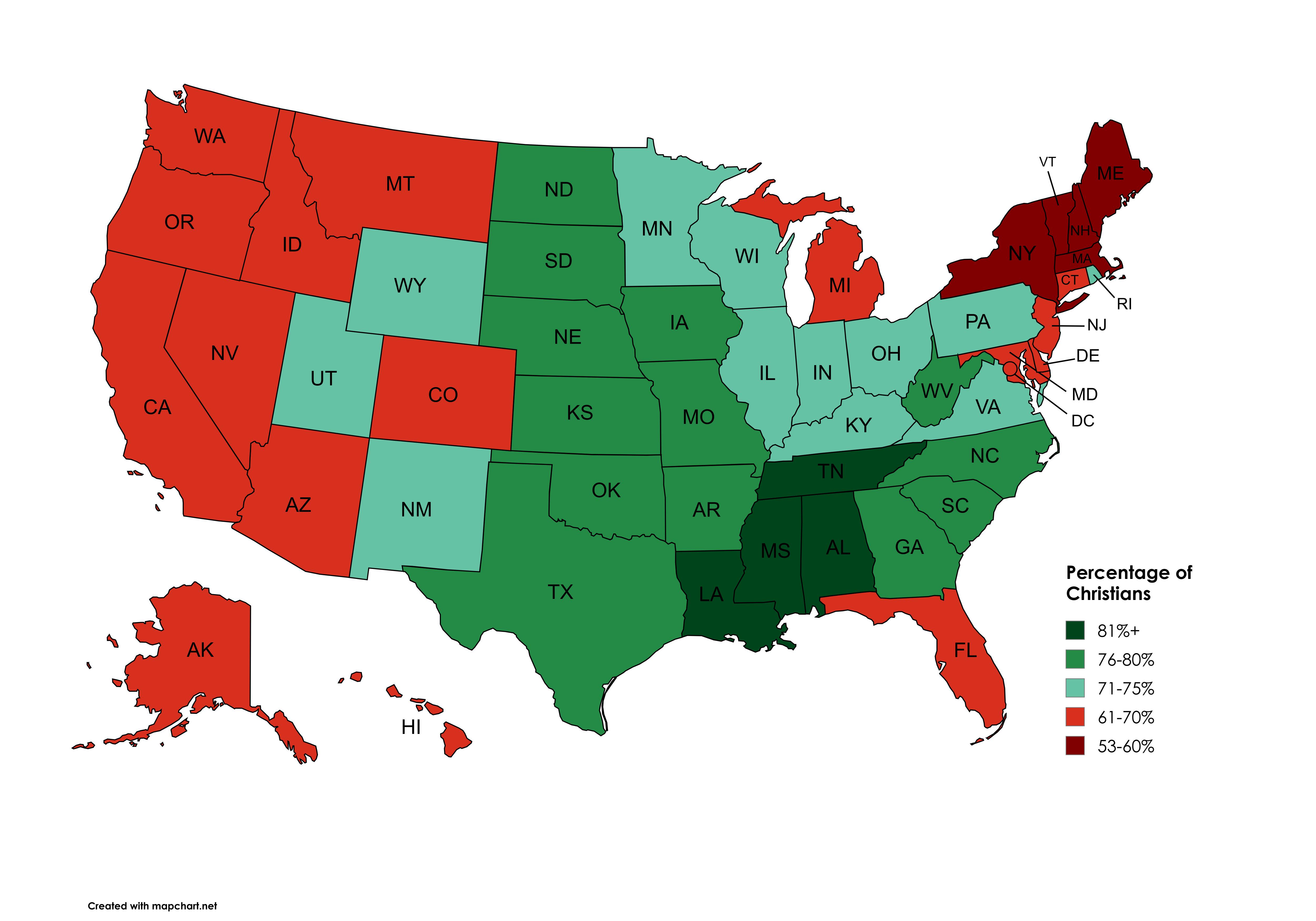 US States by Percentage of Christians Map US States by Percentage of Christians Map