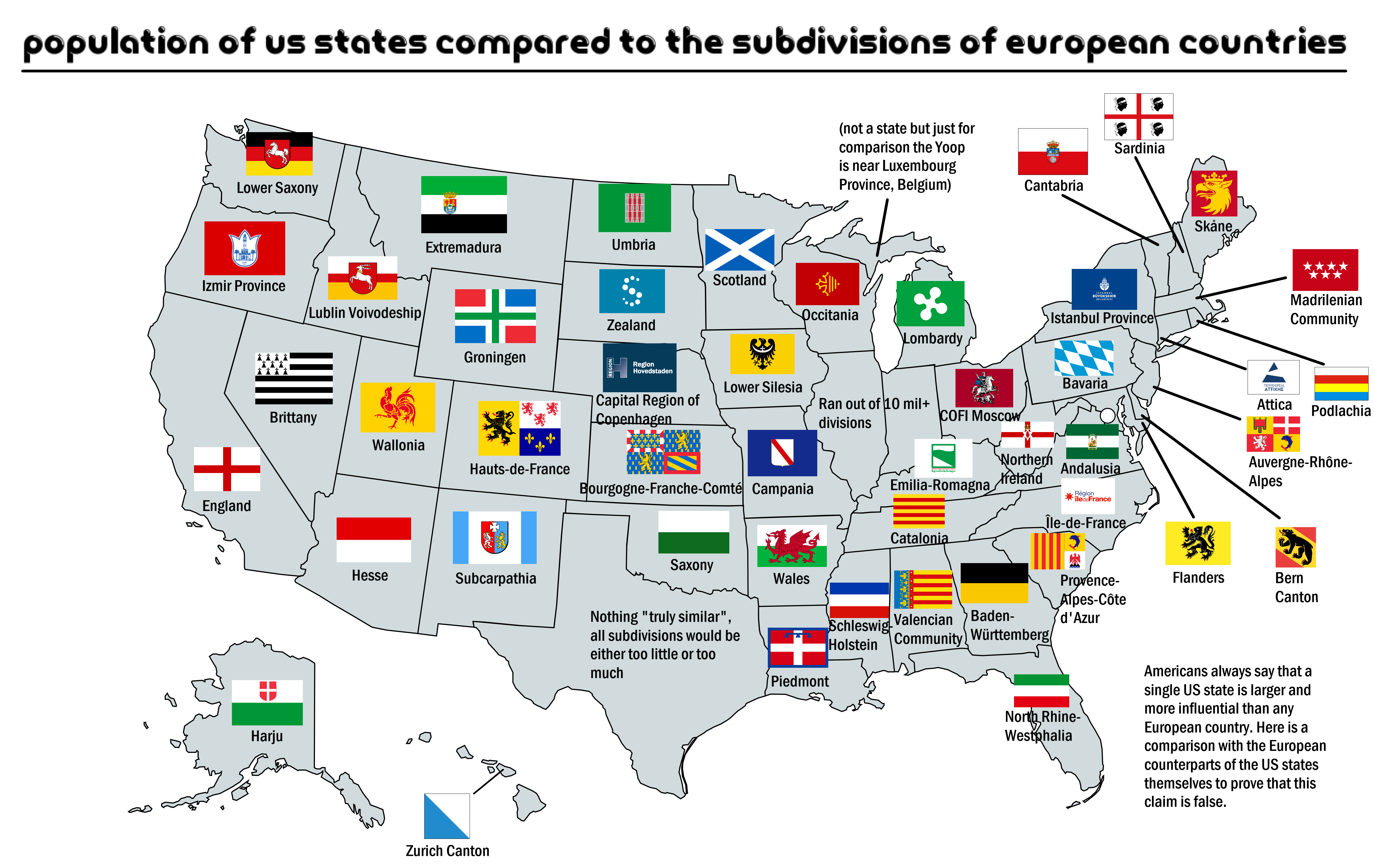 US States Population Compared to Europe Map