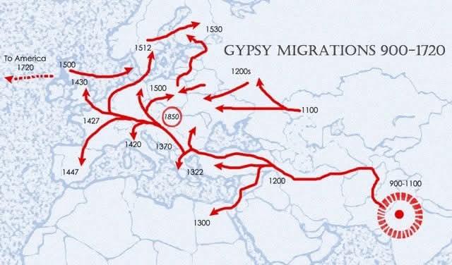 Gypsy Migrations Map 900-1720