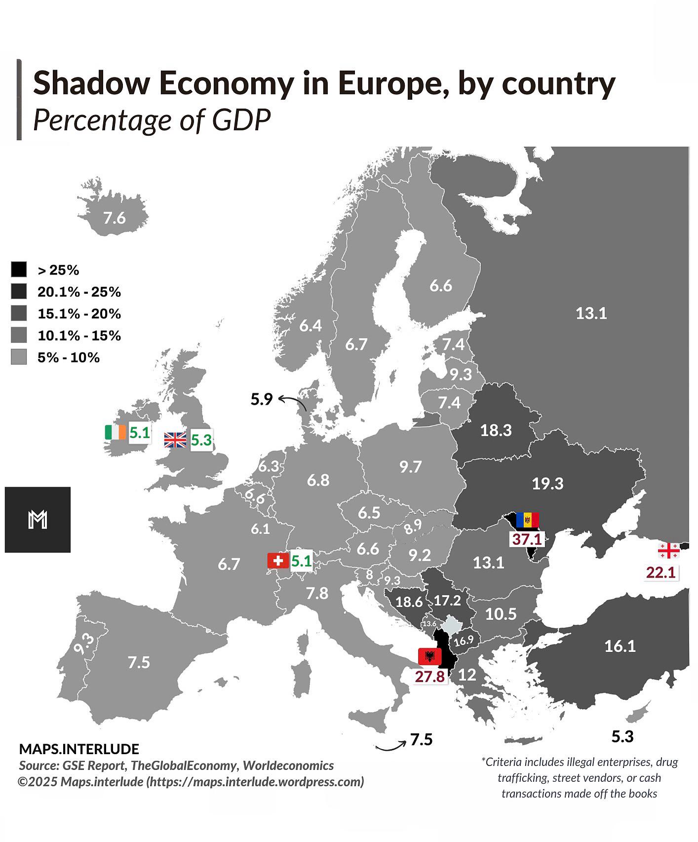 Shadow Economy in Europe by Country Map Shadow Economy in Europe by Country Map