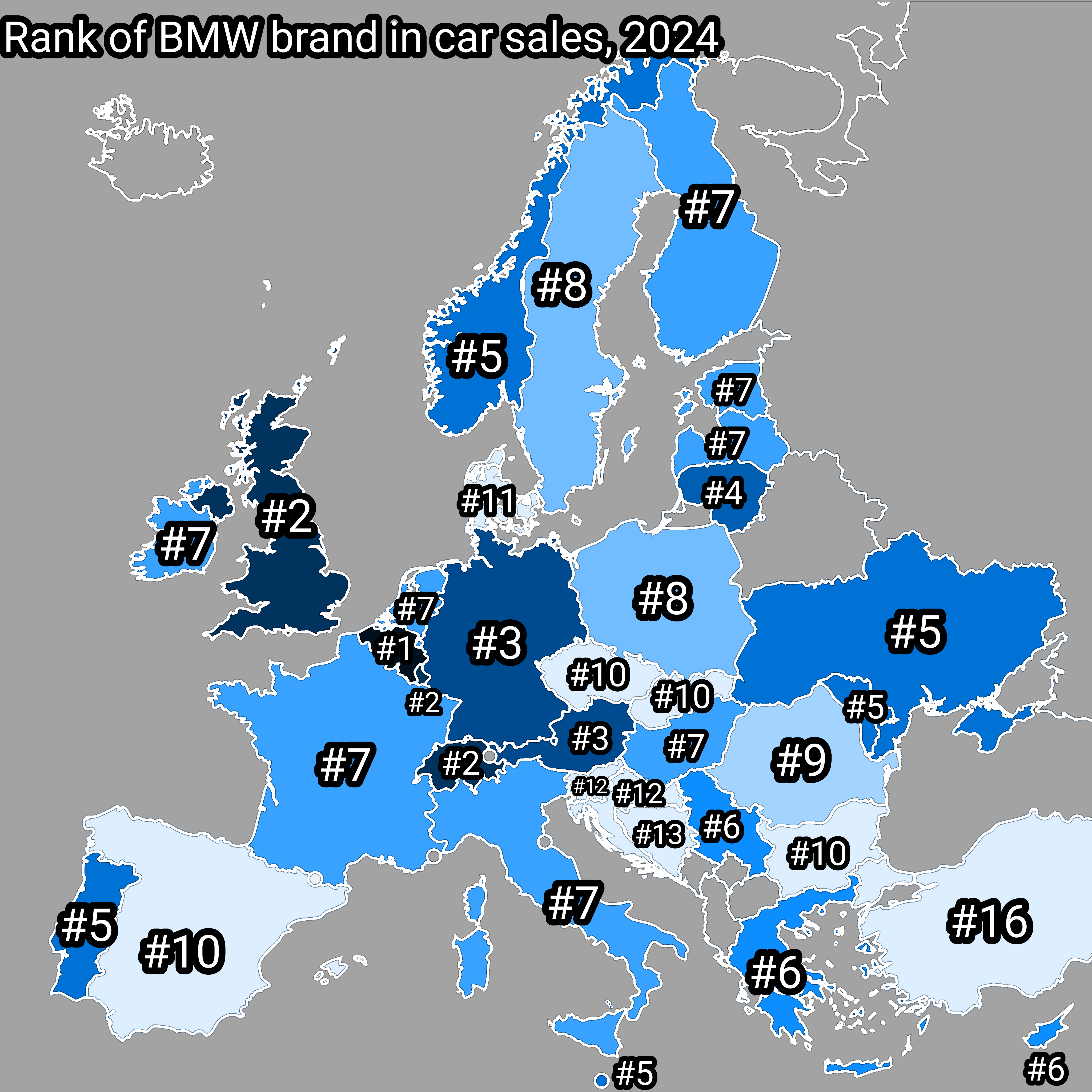 BMW Car Sales Rank in Europe Map 2024