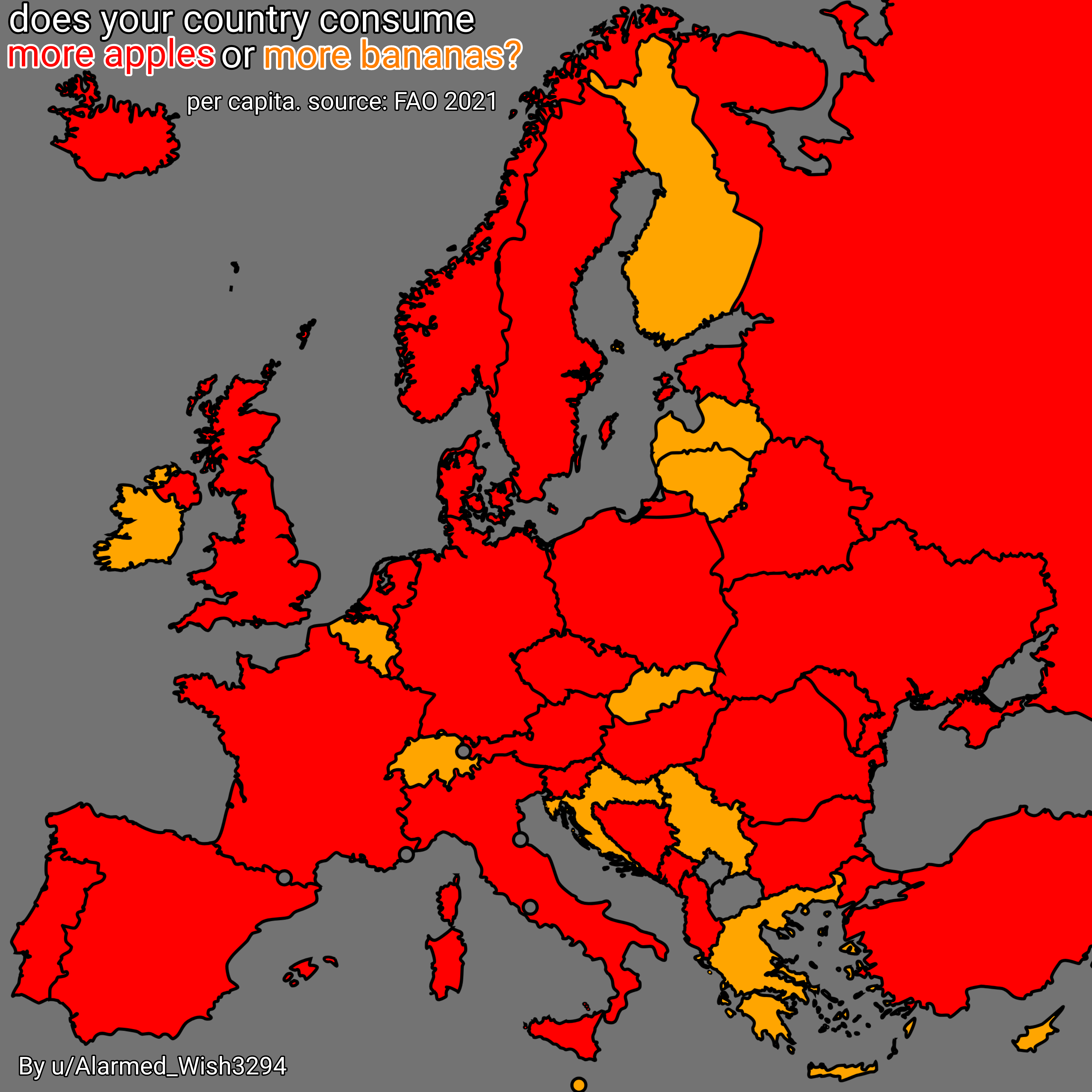 Apple vs Banana Consumption Map in Europe Apple vs Banana Consumption Map in Europe