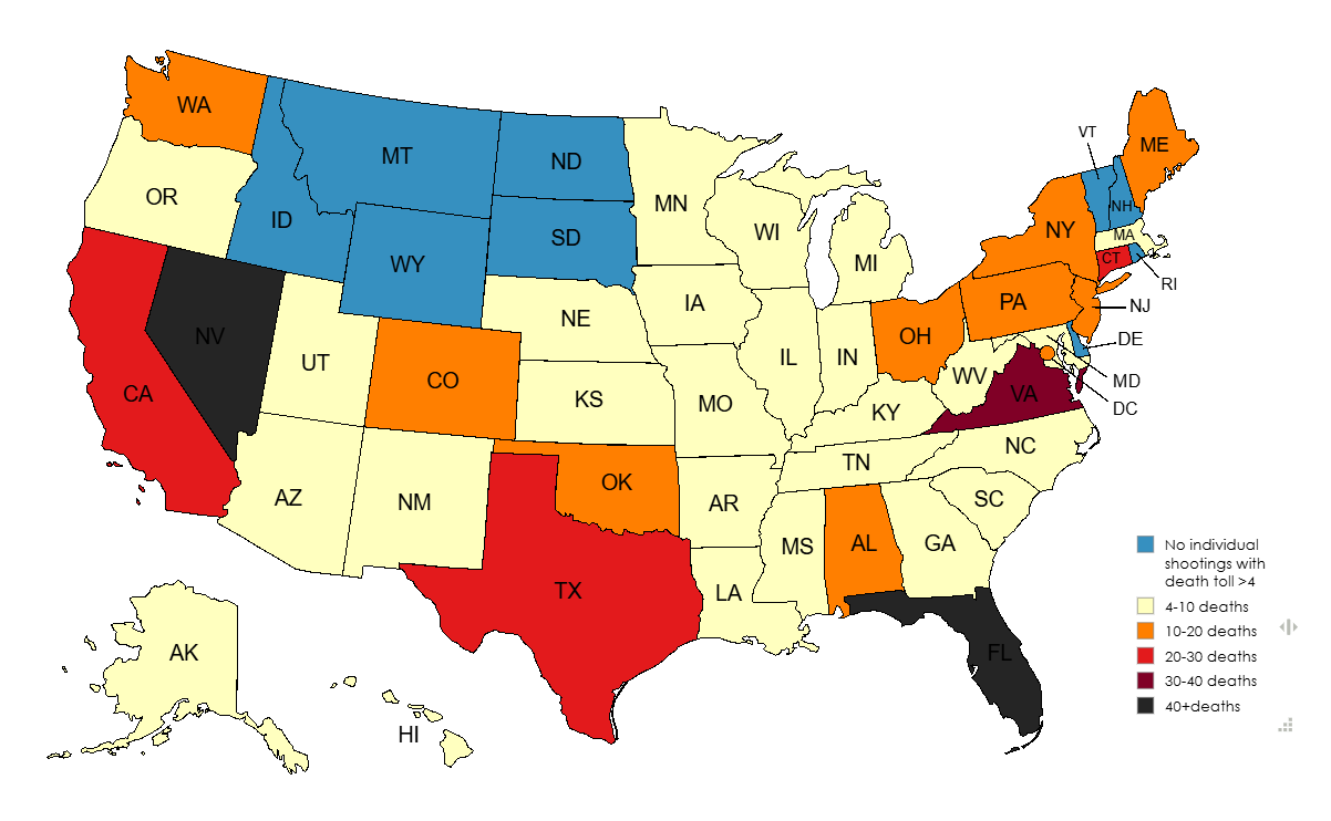 Deadliest Mass Shooting by US State Map Deadliest Mass Shooting by US State Map