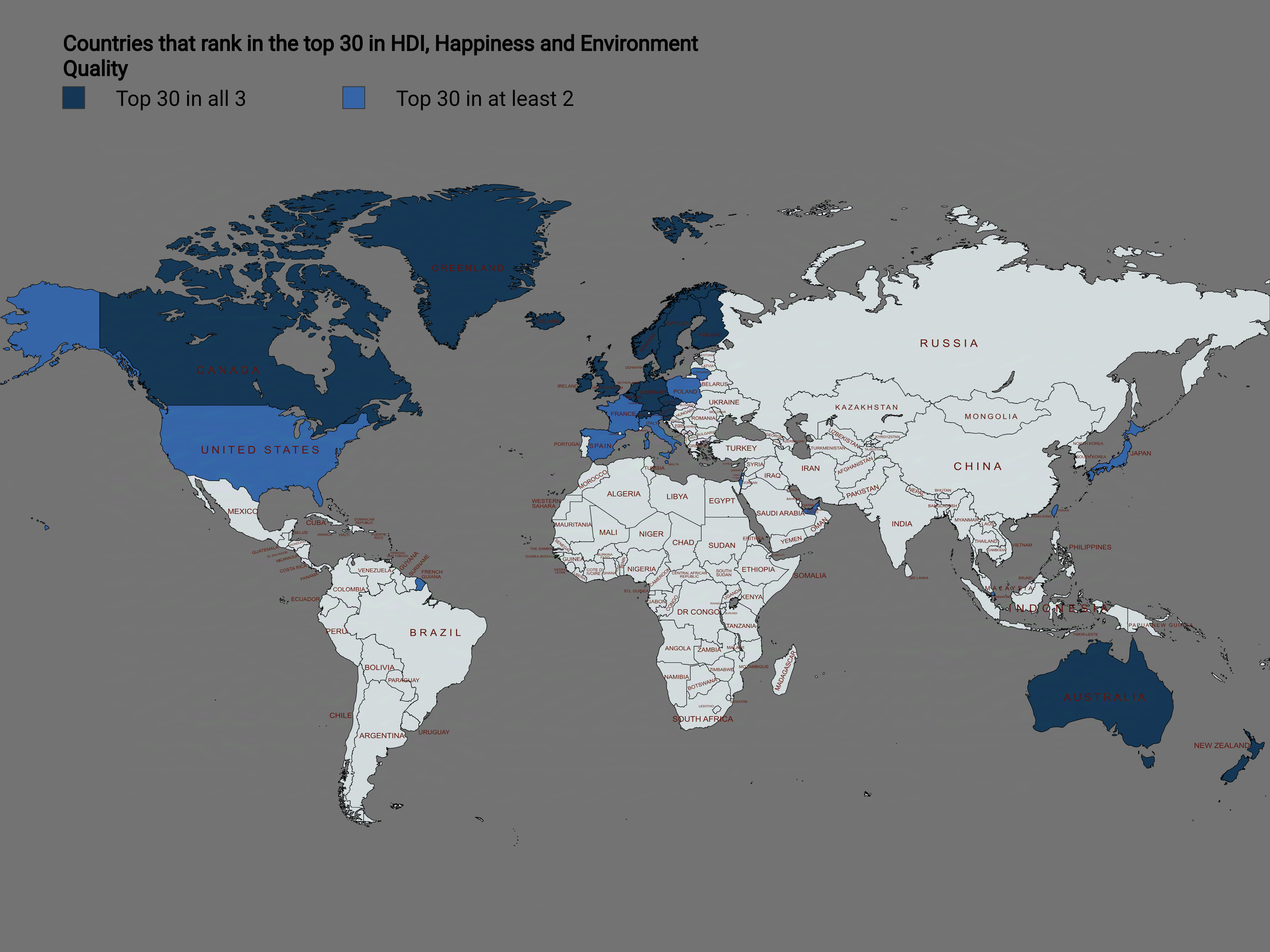 Map of Top 30 Countries in HDI, Happiness, and Environmental Quality Map of Top 30 Countries in HDI, Happiness, and Environmental Quality