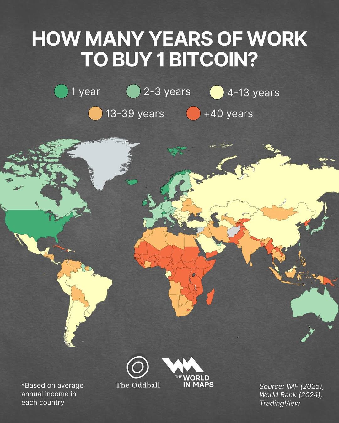 Map of Years of Work to Buy 1 Bitcoin