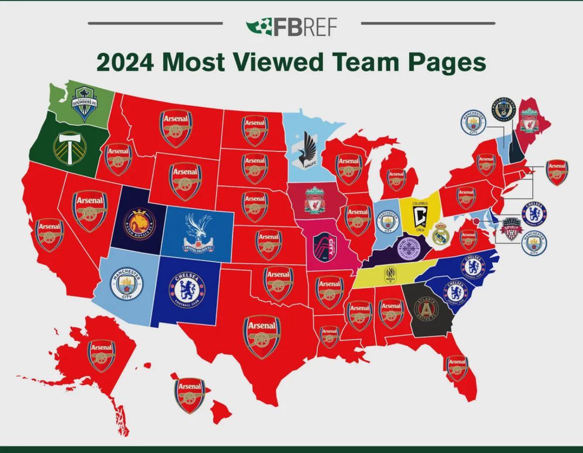 2024 Most Viewed Soccer Teams by US State Map