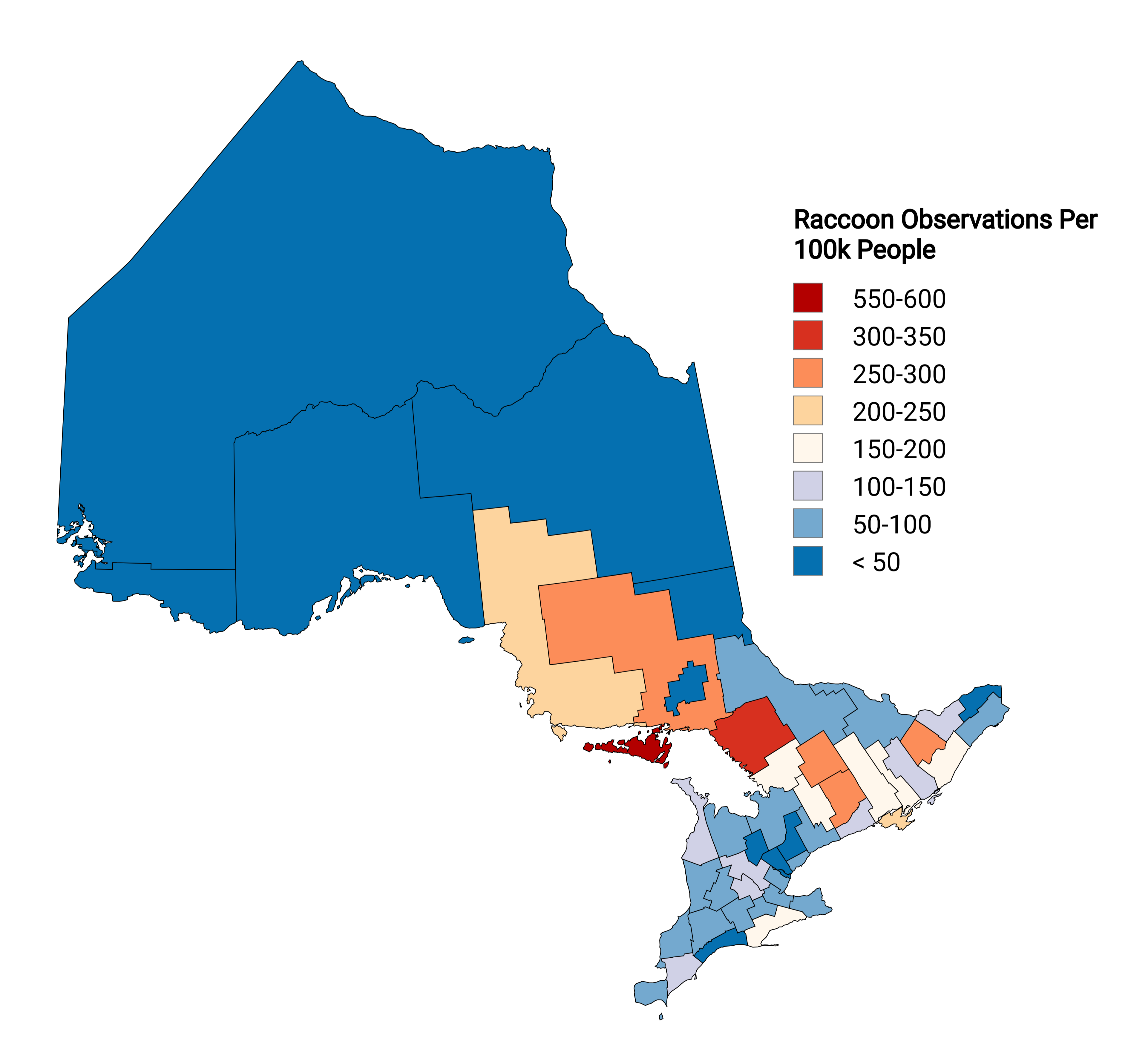 Raccoon Observations Per Capita Map Ontario Raccoon Observations Per Capita Map Ontario