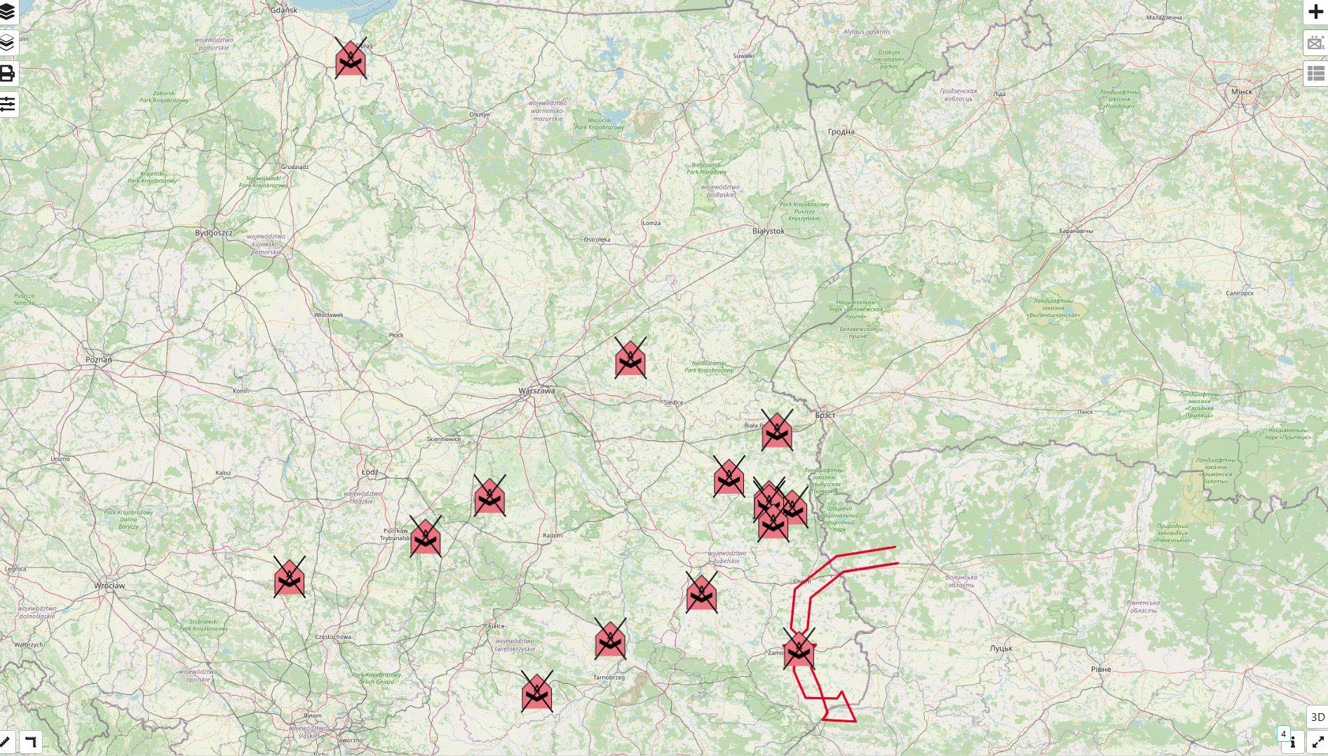 Map of Locations Where Poland Shot Down Russian Drones Map of Locations Where Poland Shot Down Russian Drones