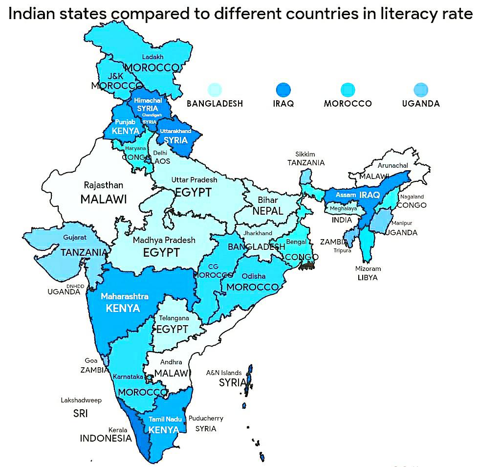 Indian States Literacy Rate Compared to Countries Map Indian States Literacy Rate Compared to Countries Map