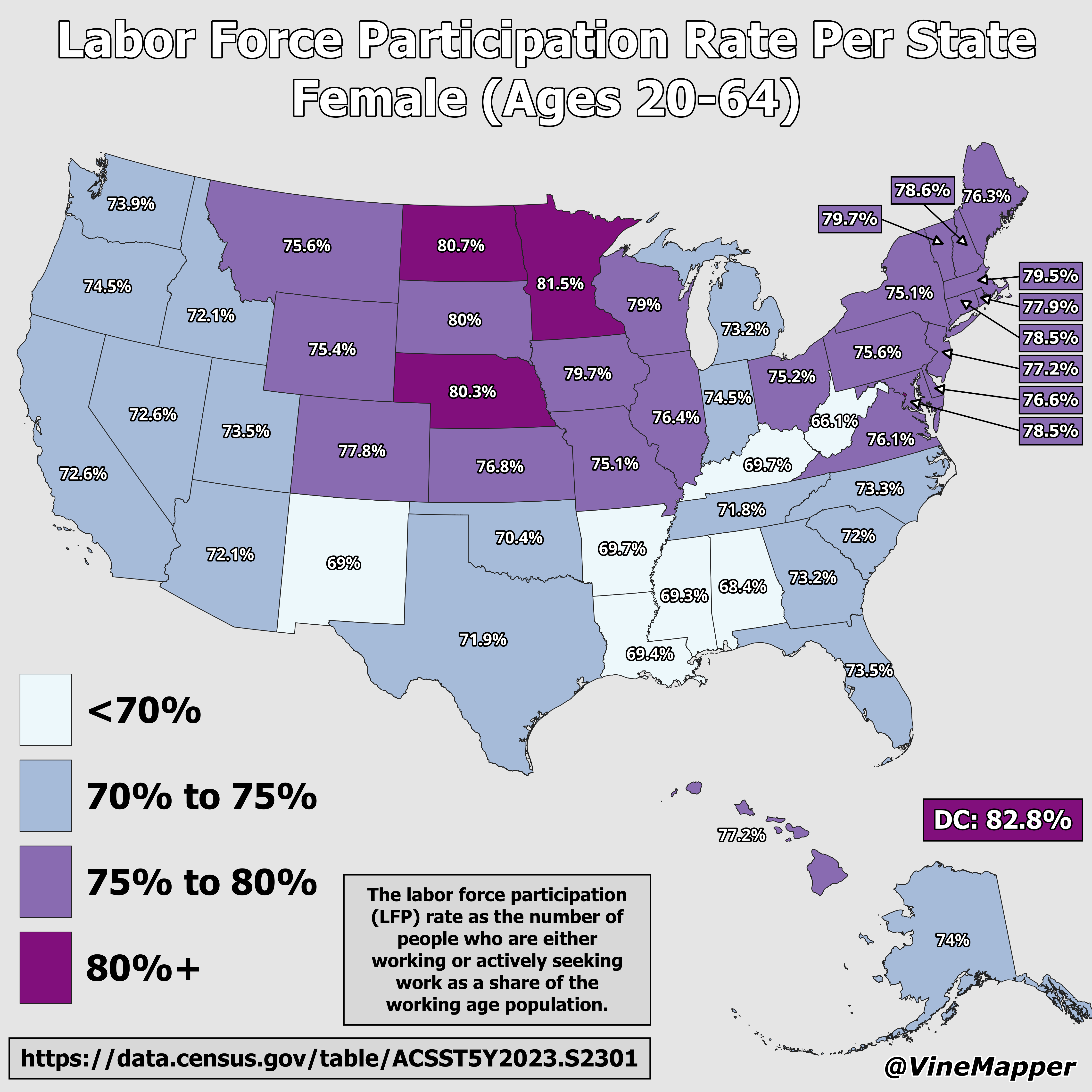 Labor Force Participation Rate Female Ages 20-64 Map Labor Force Participation Rate Female Ages 20-64 Map