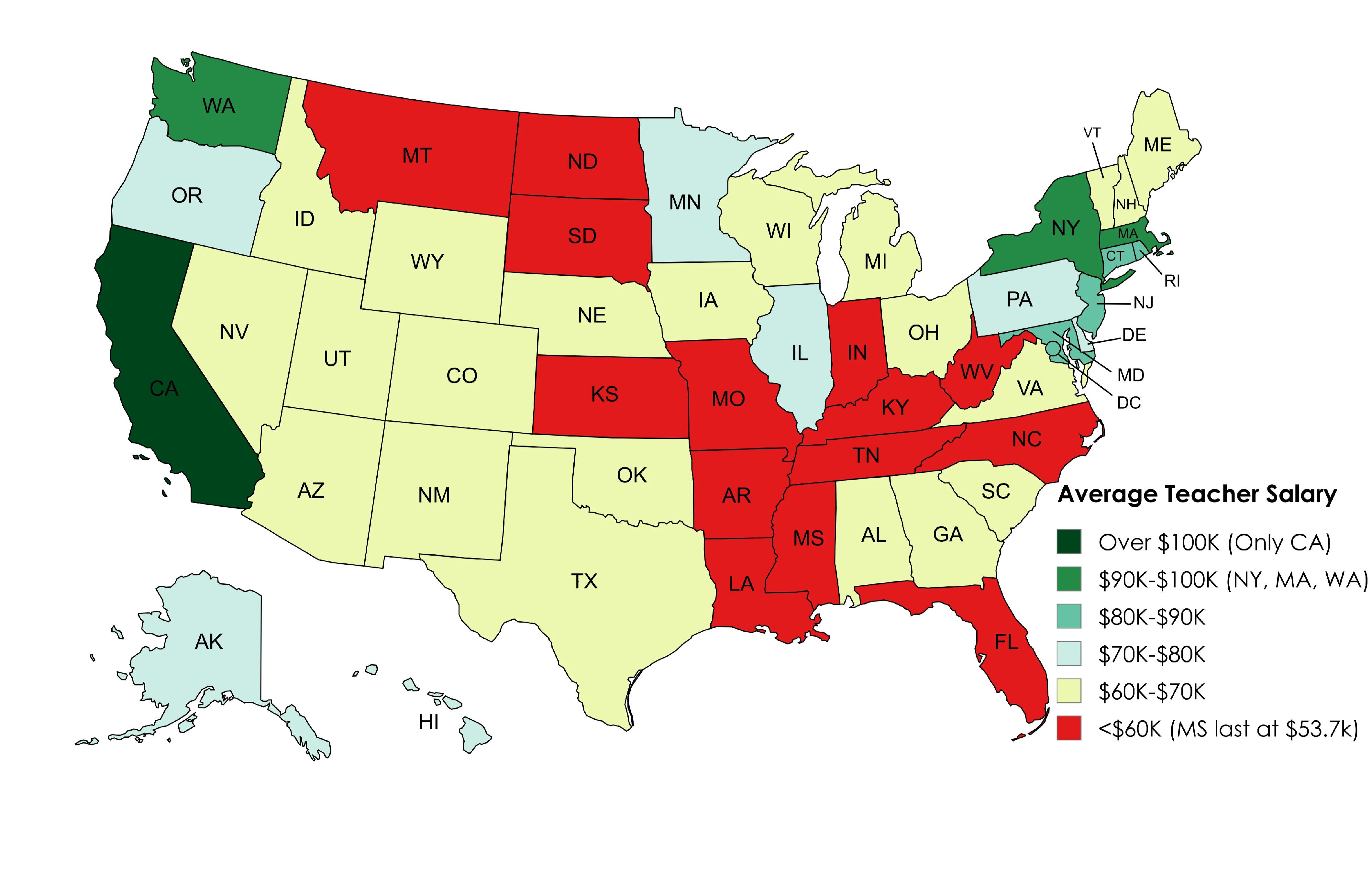 Average Teacher Salary by US State Map