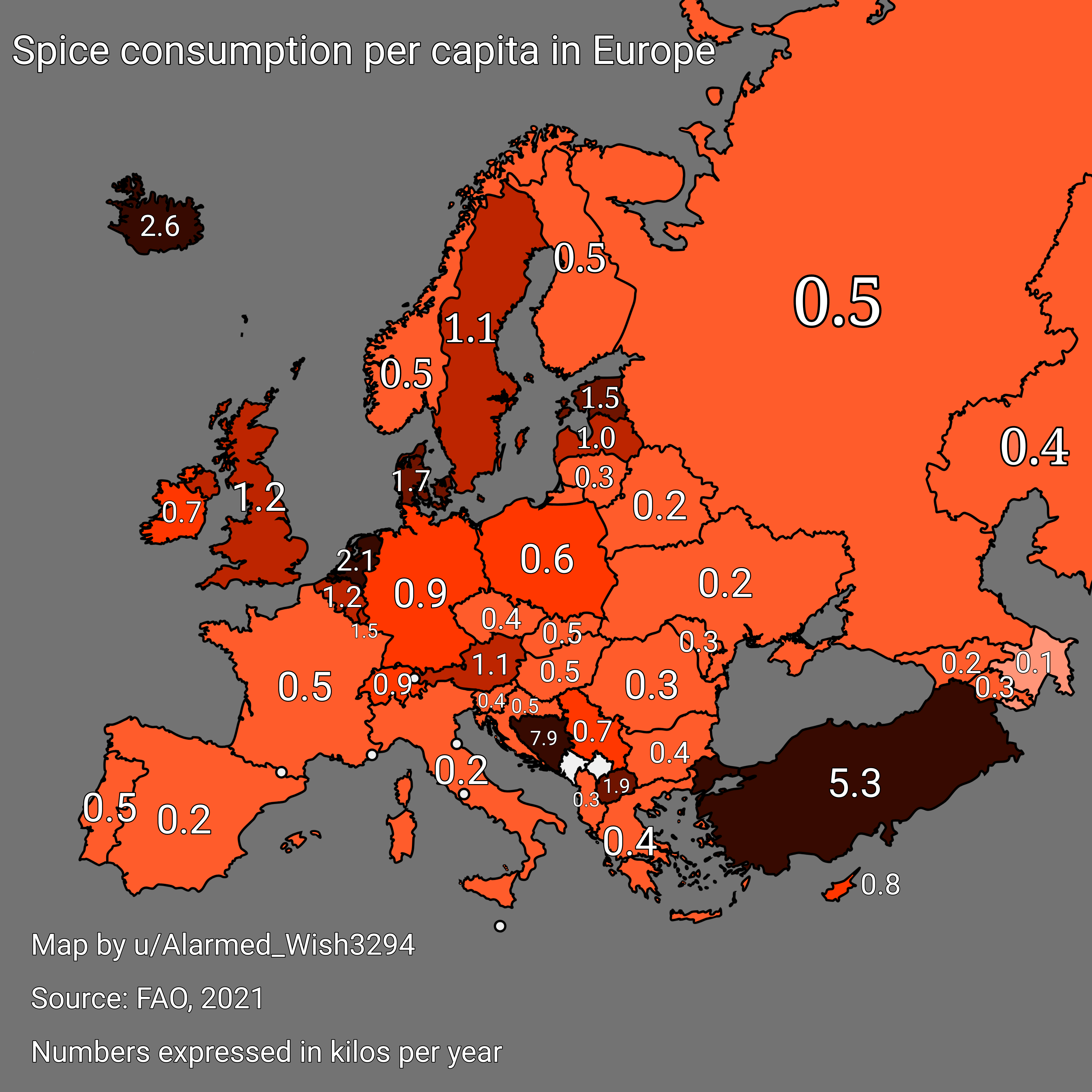 Spice Consumption Per Capita in Europe Map Spice Consumption Per Capita in Europe Map