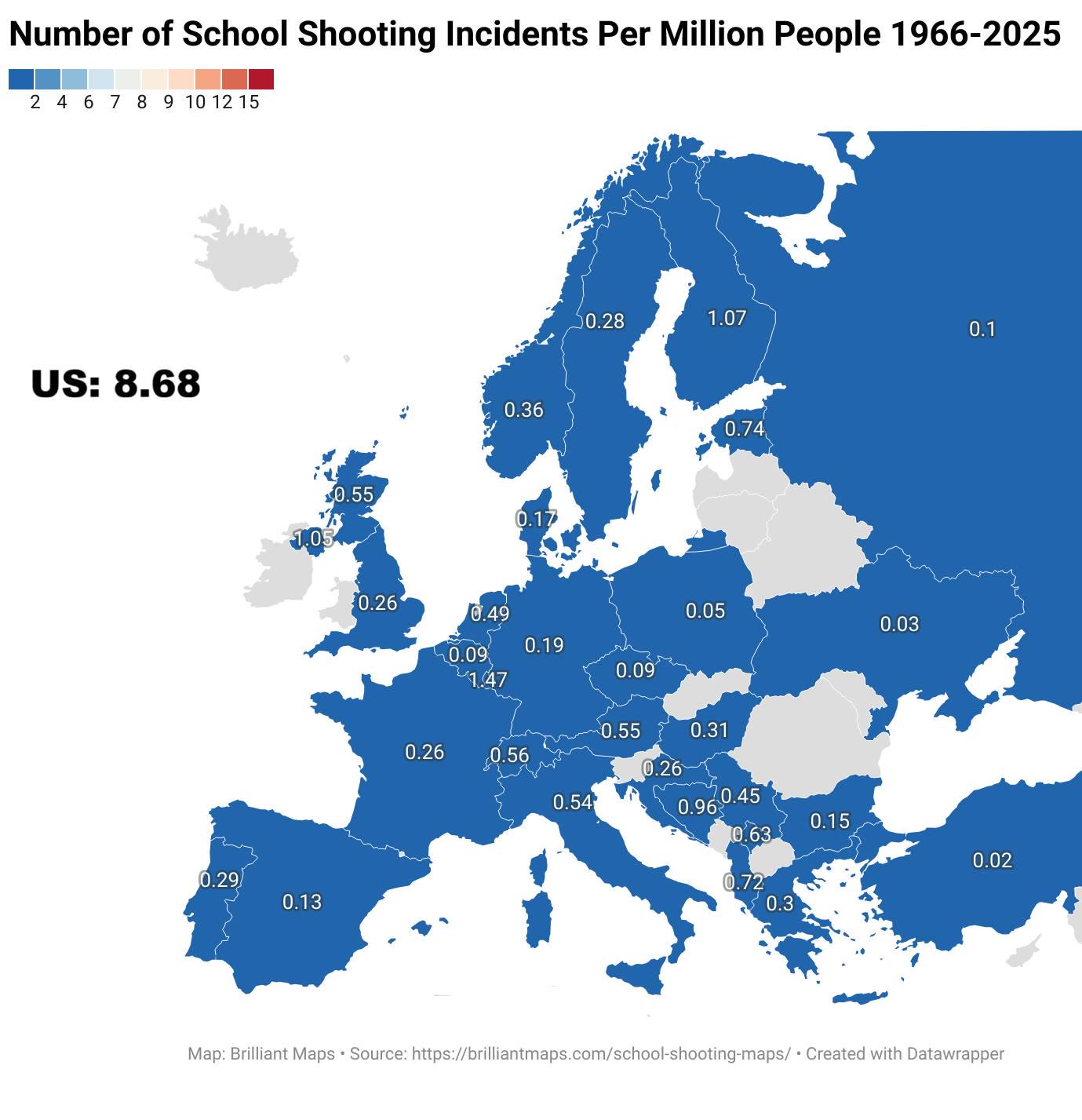 School Shootings Per Million People Map in Europe School Shootings Per Million People Map in Europe