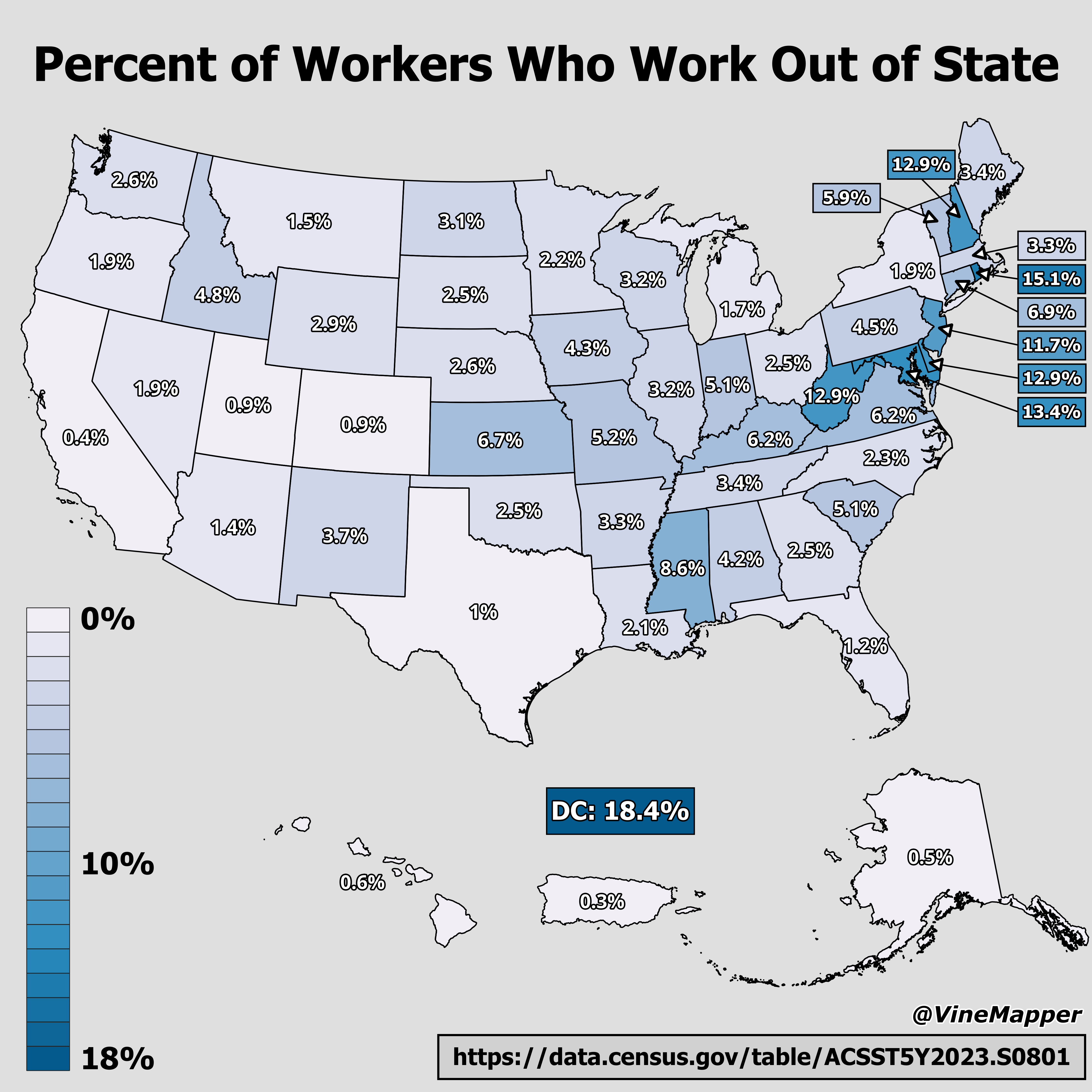 Percent of Workers Who Work Out of State Map Percent of Workers Who Work Out of State Map
