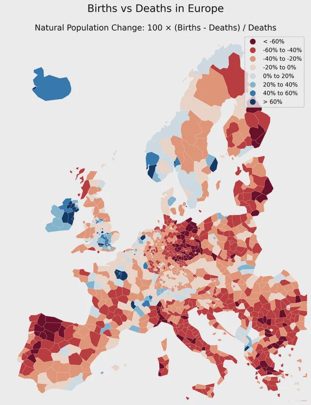 Births vs Deaths in Europe Map Births vs Deaths in Europe Map
