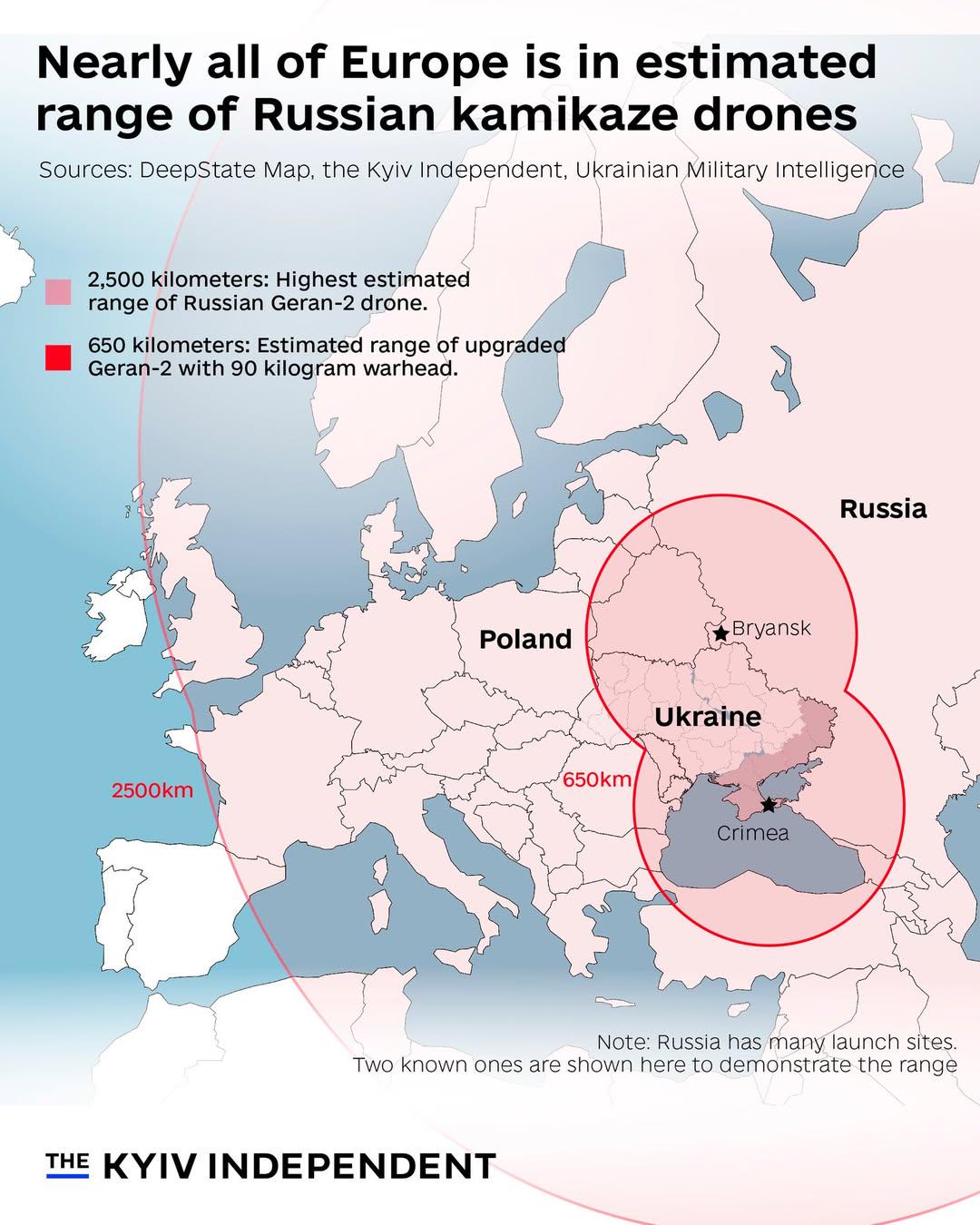 Map of Russian Kamikaze Drone Range in Europe Map of Russian Kamikaze Drone Range in Europe