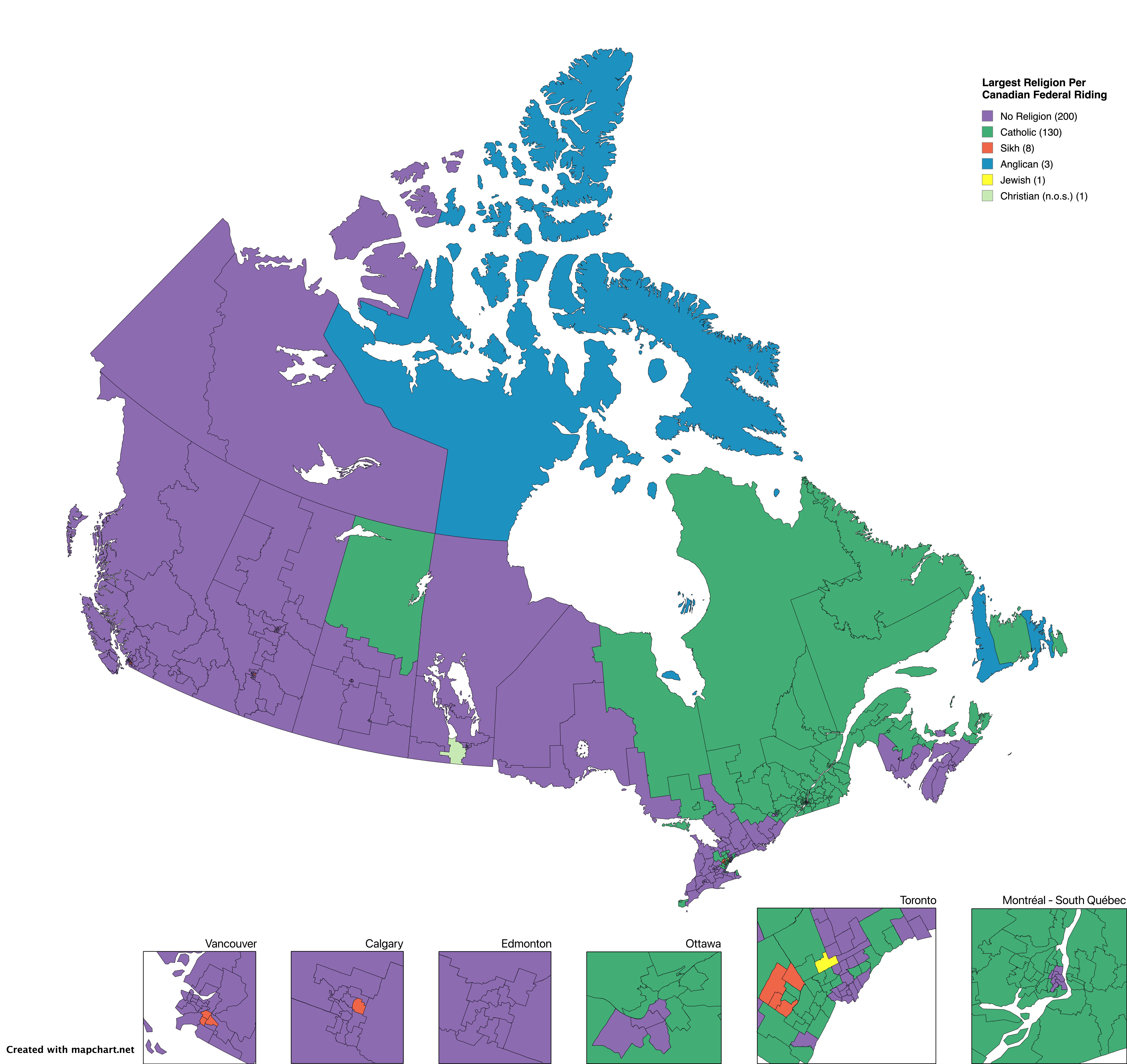 Largest Religion by Canadian Electoral Area Map Largest Religion by Canadian Electoral Area Map