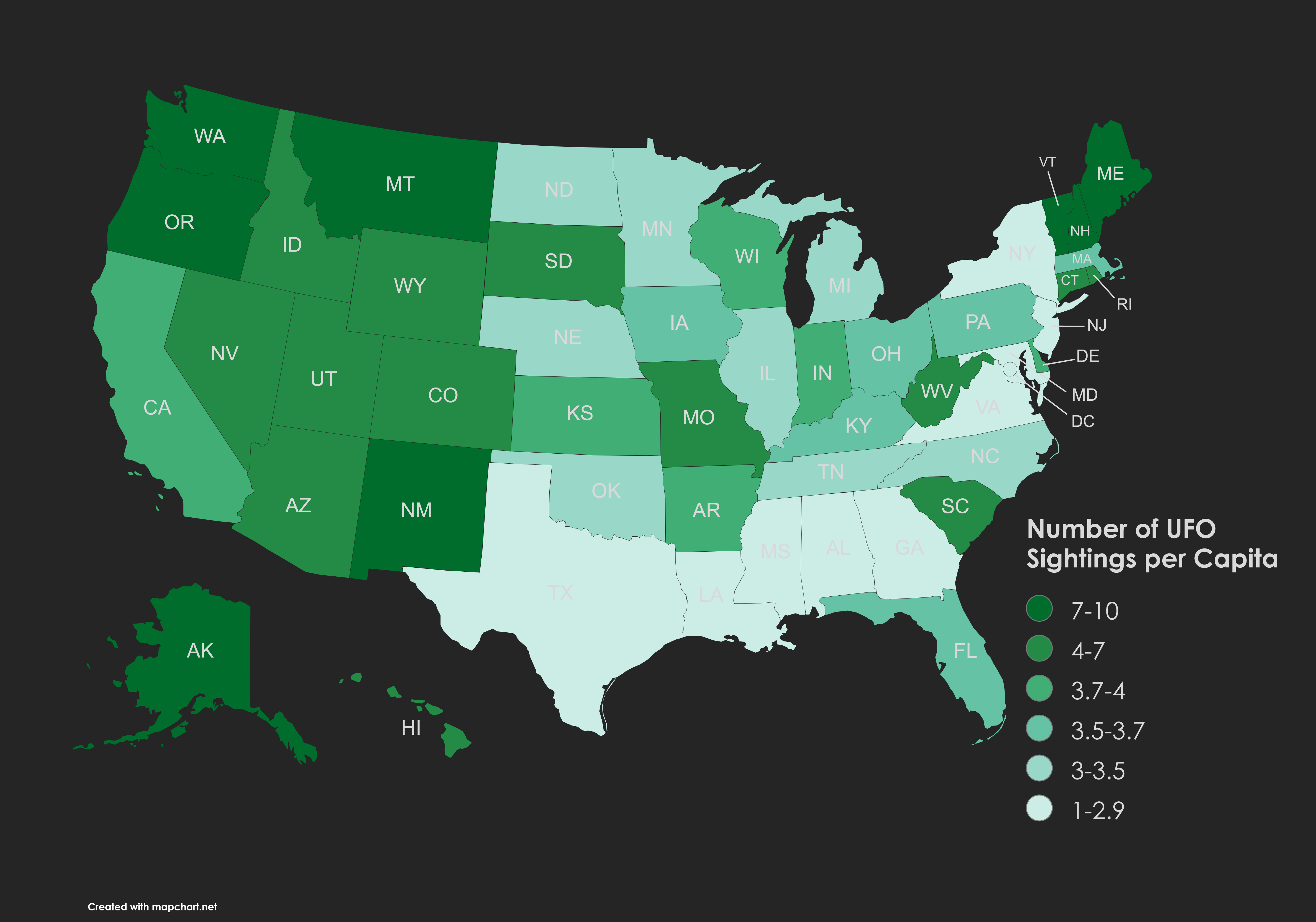 UFO Sightings Map per 10,000 People UFO Sightings Map per 10,000 People