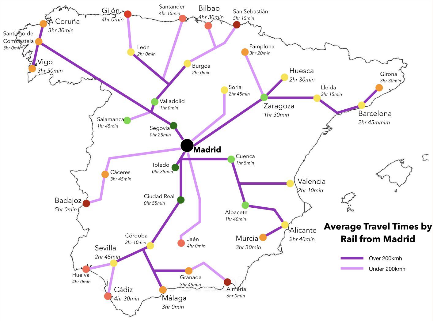Average Travel Times by Rail from Madrid Map Average Travel Times by Rail from Madrid Map