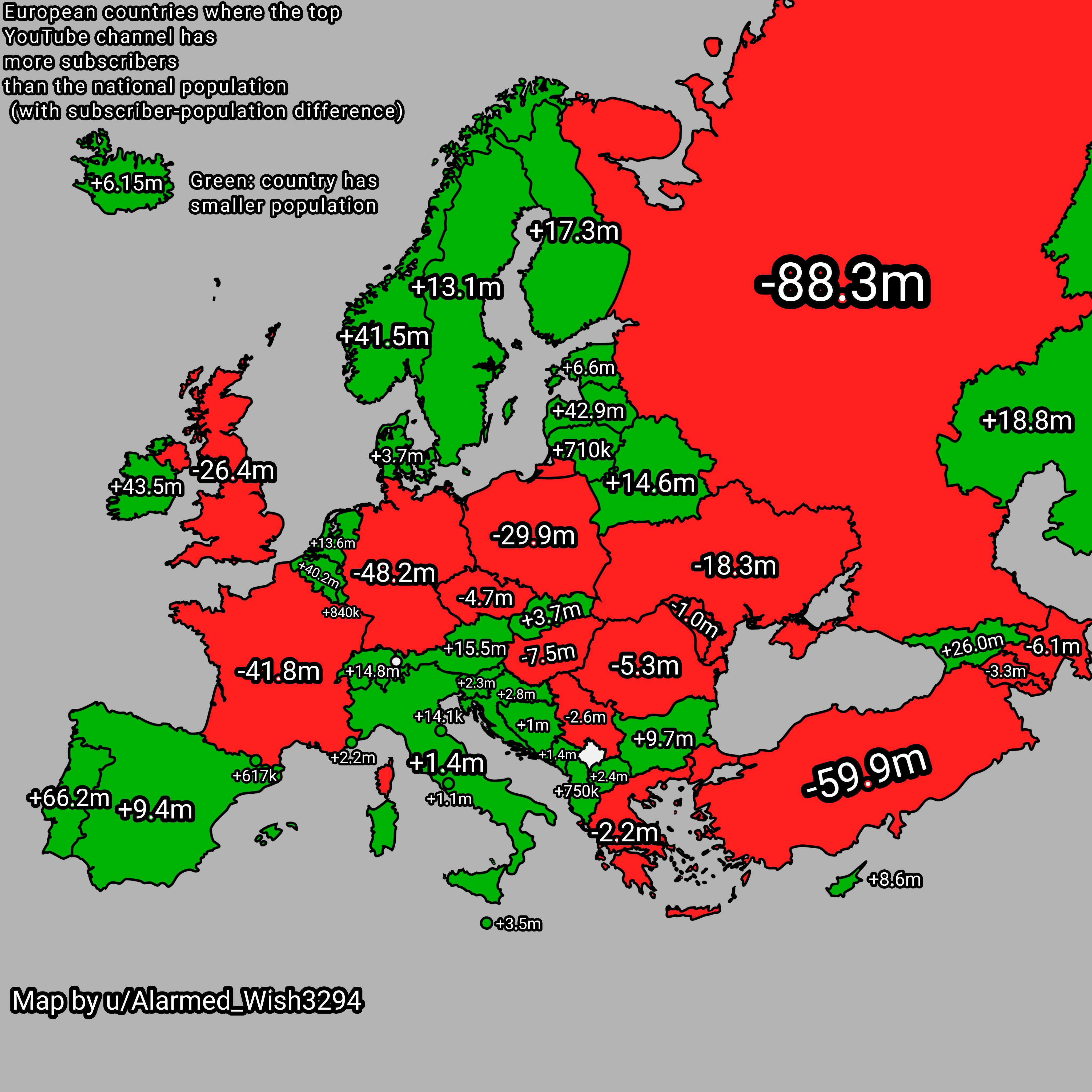 Map of YouTube Subscribers vs National Populations in Europe Map of YouTube Subscribers vs National Populations in Europe