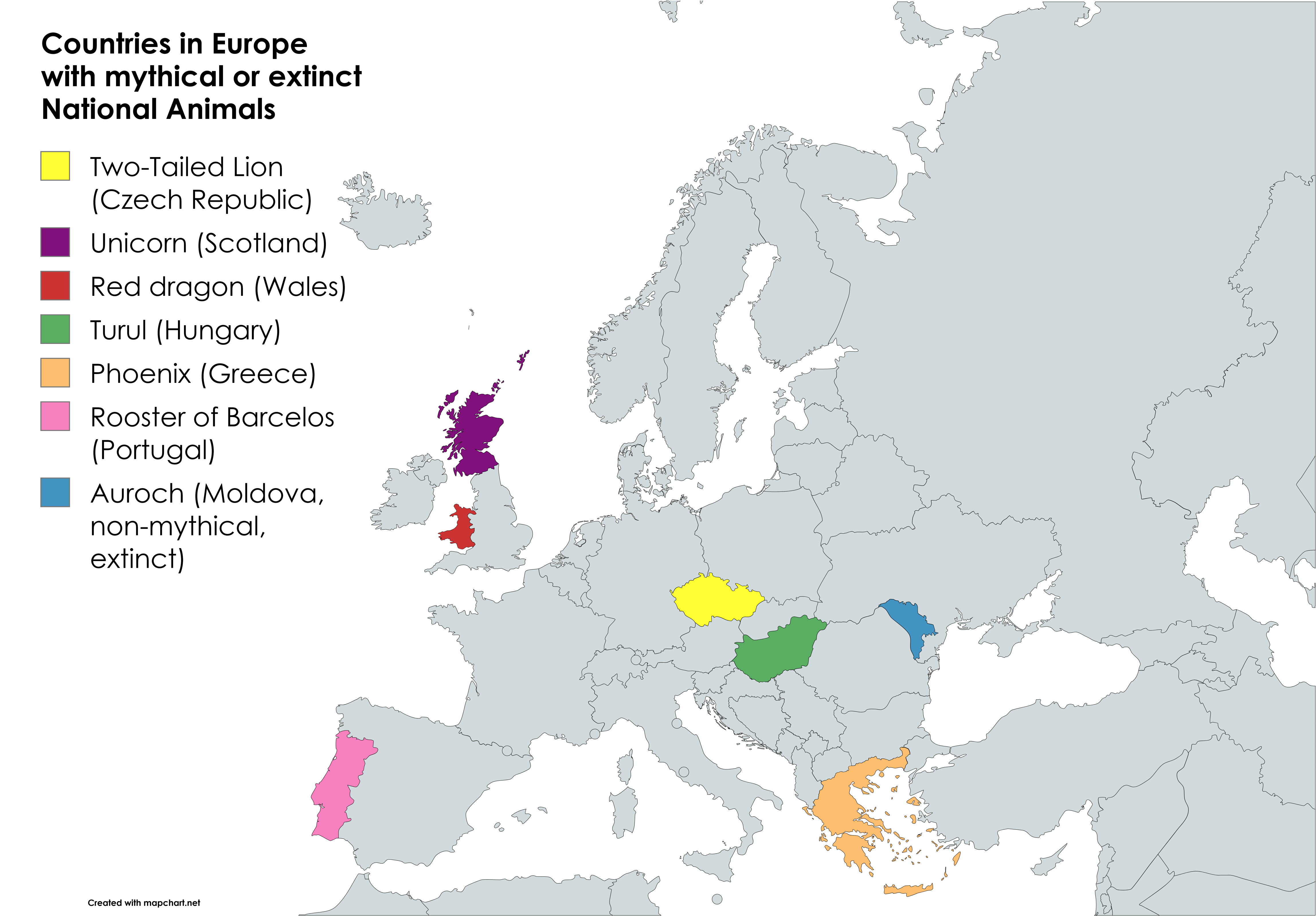 Map of Countries in Europe with Mythical or Extinct National Animals Map of Countries in Europe with Mythical or Extinct National Animals