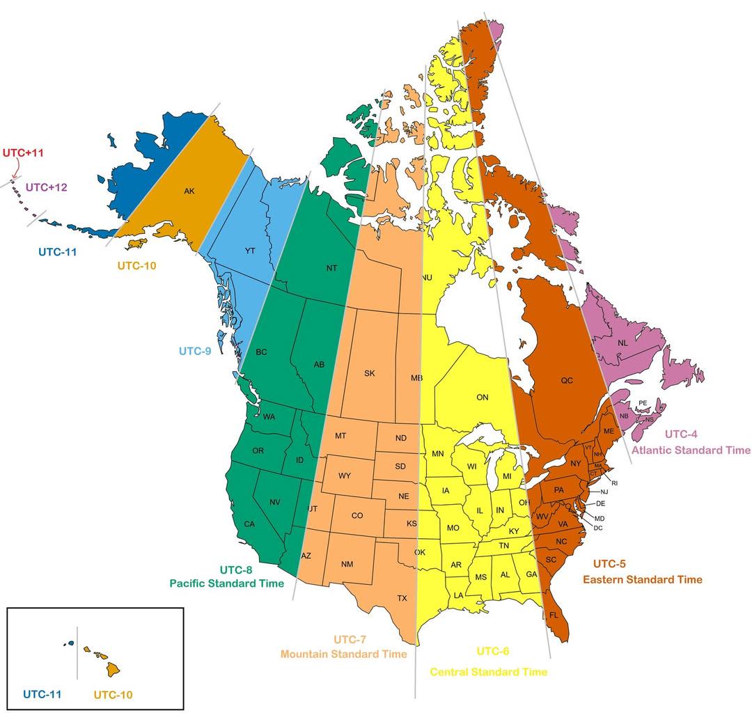 US and Canada Time Zones Map Without Political Boundaries
