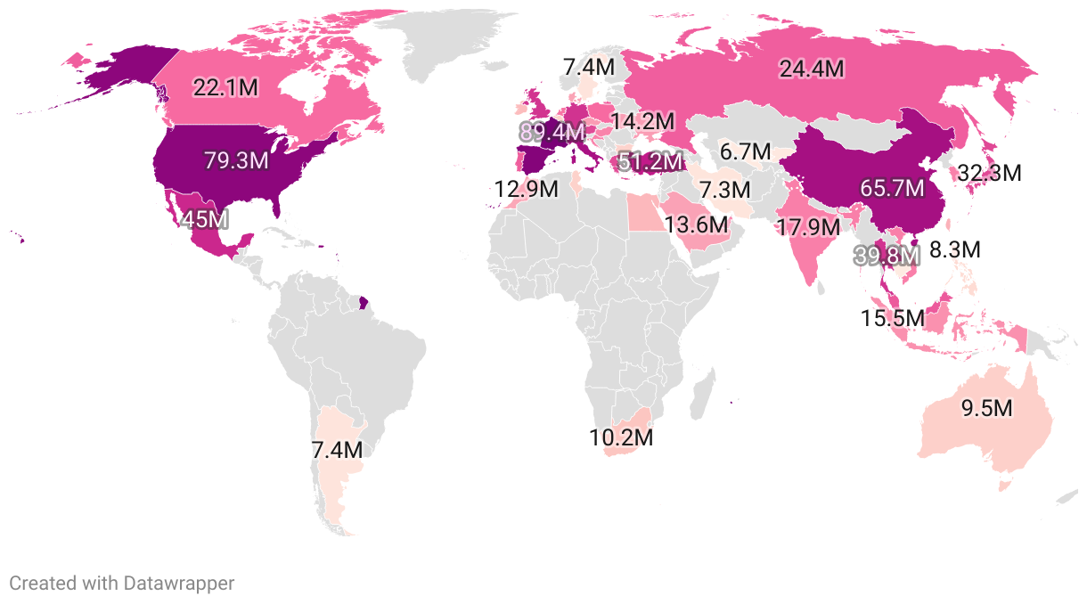Tourism Numbers per Country Map 2025 Tourism Numbers per Country Map 2025