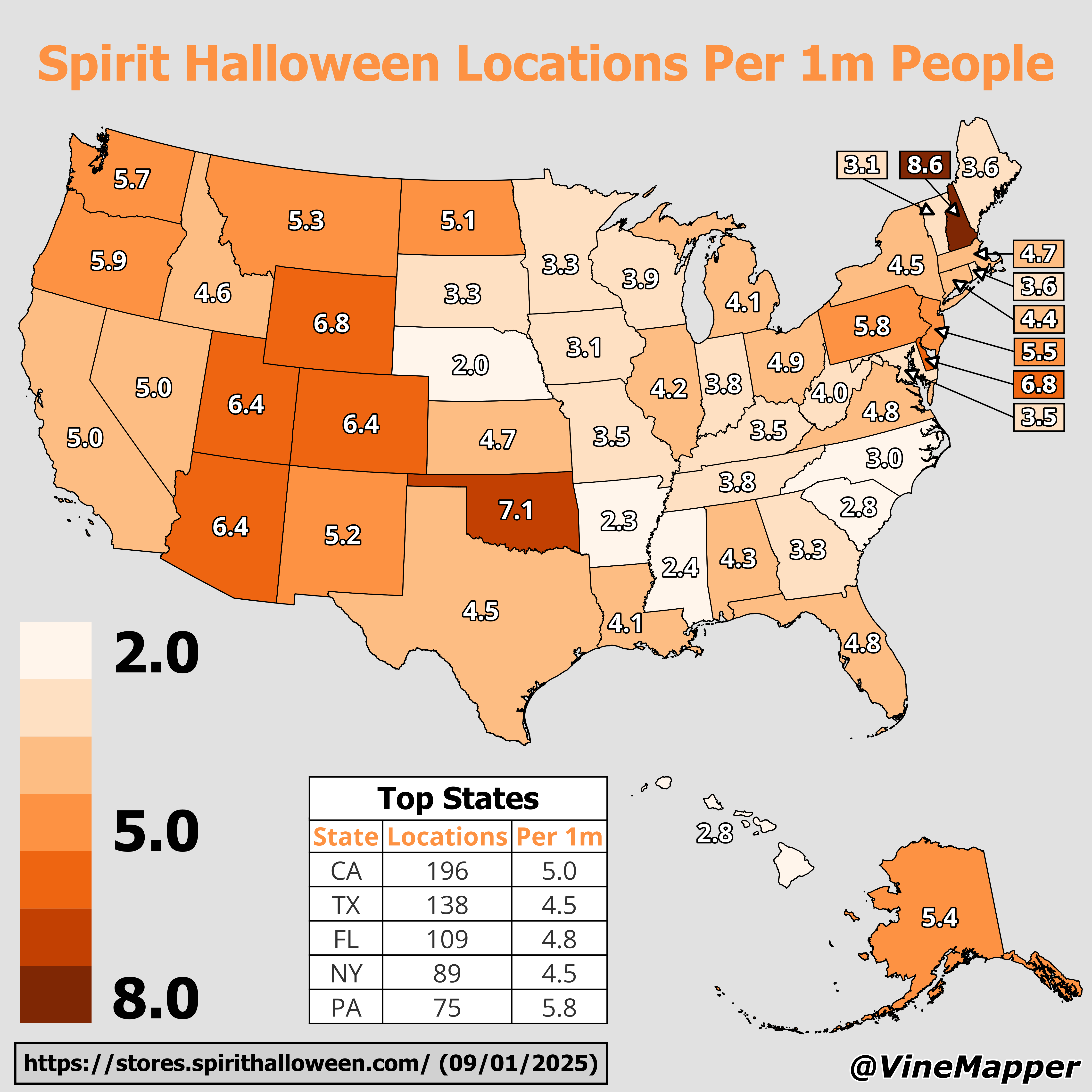 Spirit Halloween Locations Per 1 Million People Map Spirit Halloween Locations Per 1 Million People Map