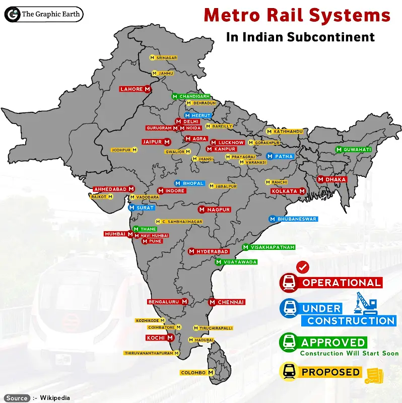 Metro Railway Systems in Indian Subcontinent Map Metro Railway Systems in Indian Subcontinent Map