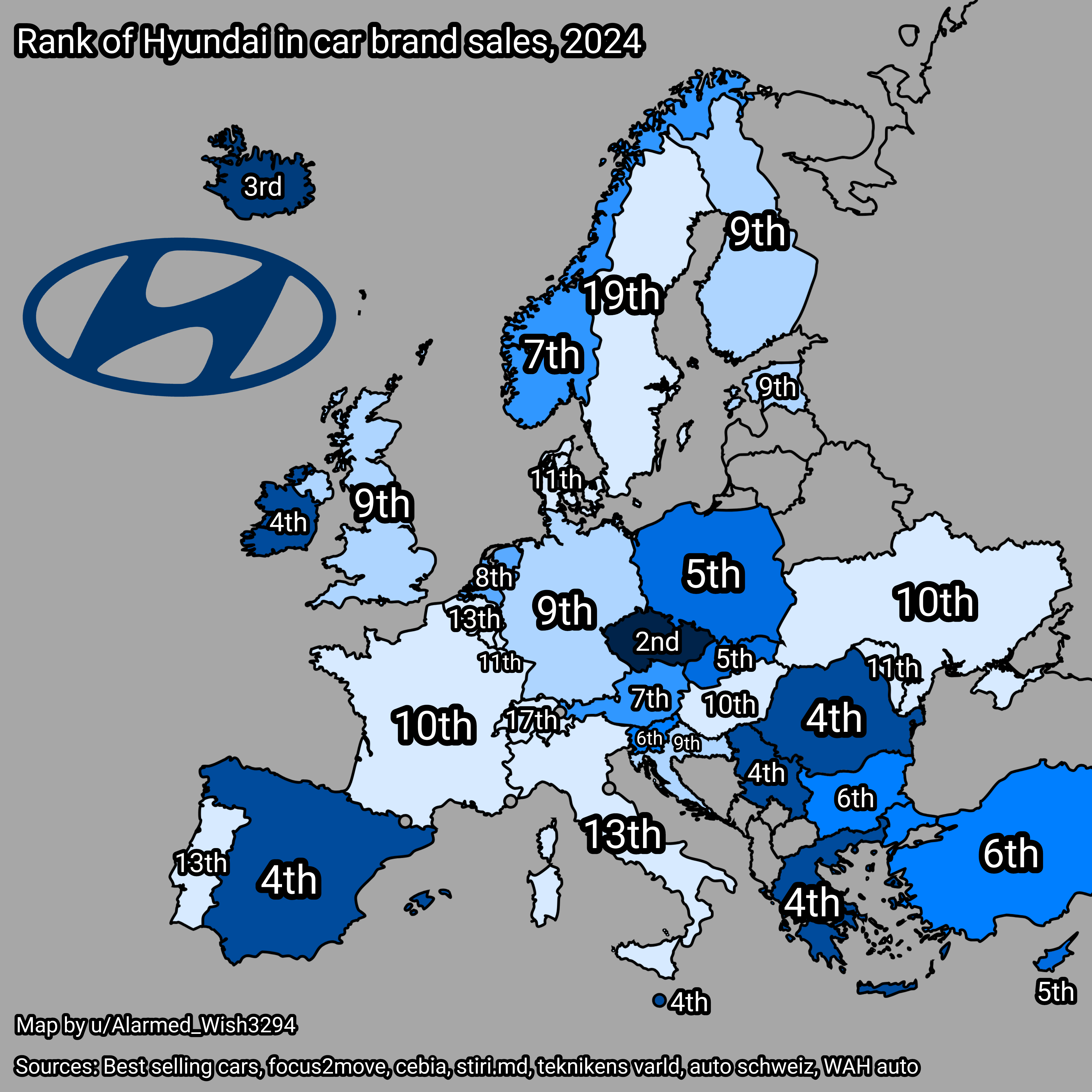 Map of Hyundai Car Brand Sales Rank in Europe 2024 Map of Hyundai Car Brand Sales Rank in Europe 2024