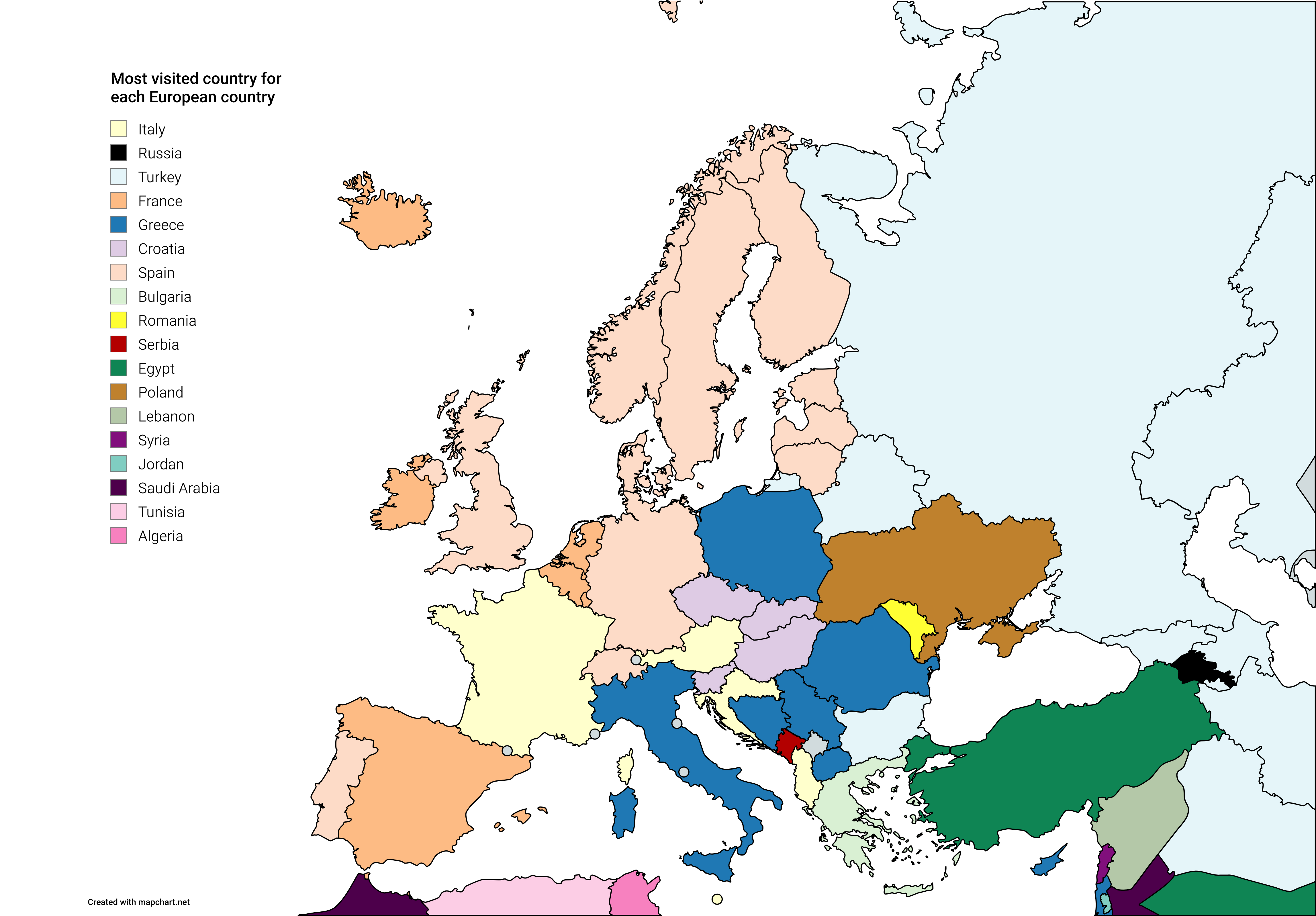 Most Visited Countries by Europeans Map Most Visited Countries by Europeans Map