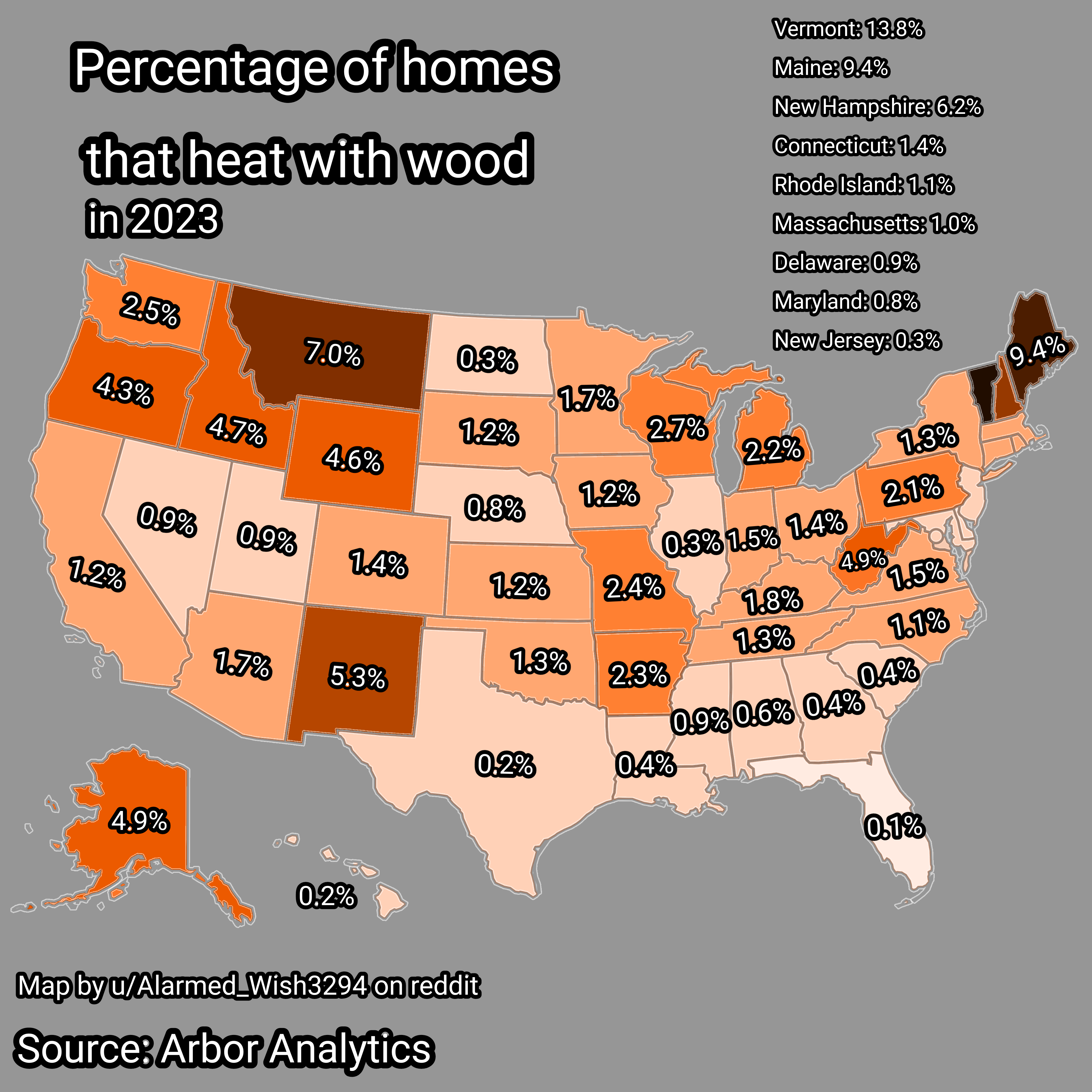 Map of Homes in USA Heating with Wood 2023 Map of Homes in USA Heating with Wood 2023