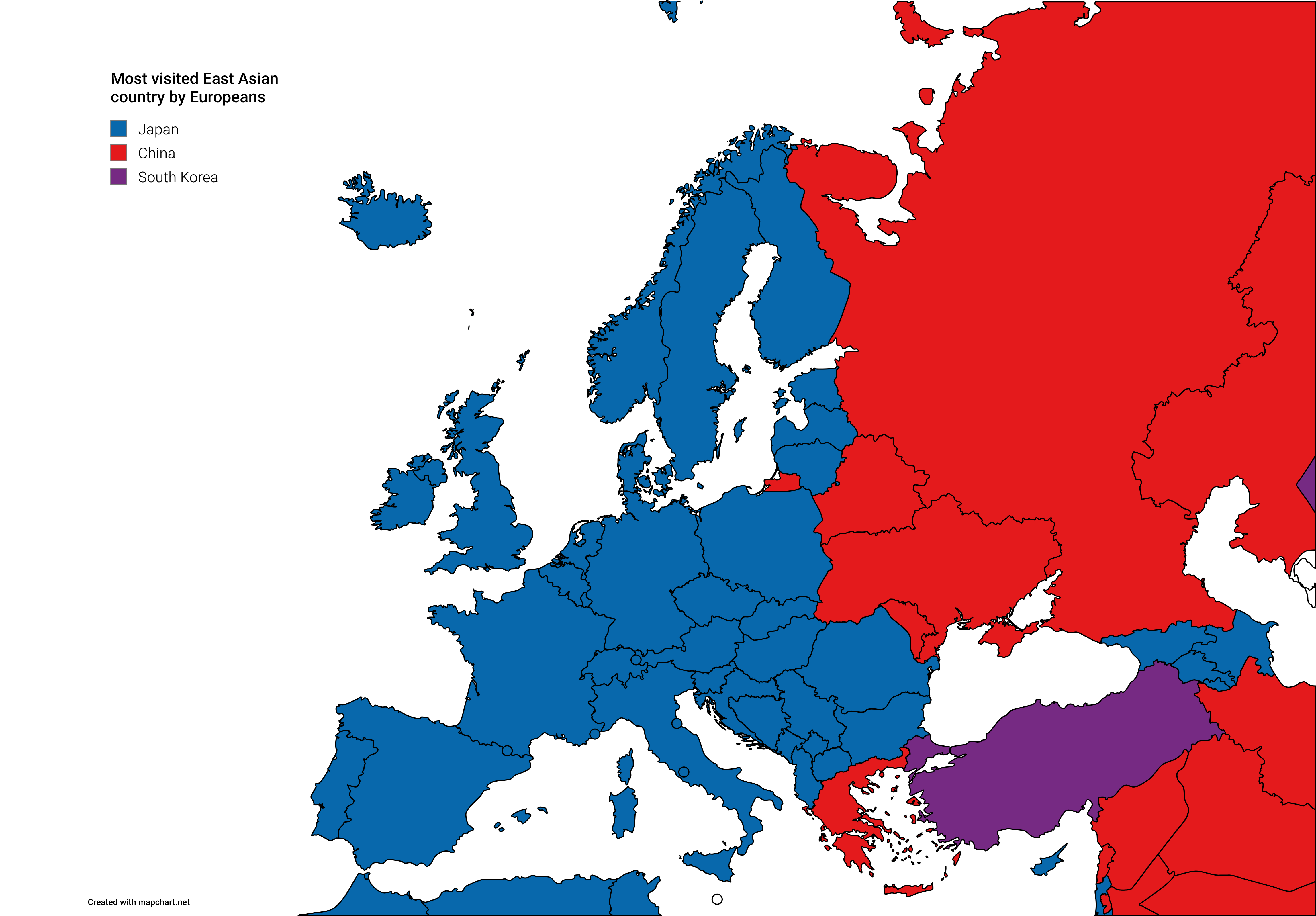 Map of Most Visited East Asian Countries by Europeans Map of Most Visited East Asian Countries by Europeans